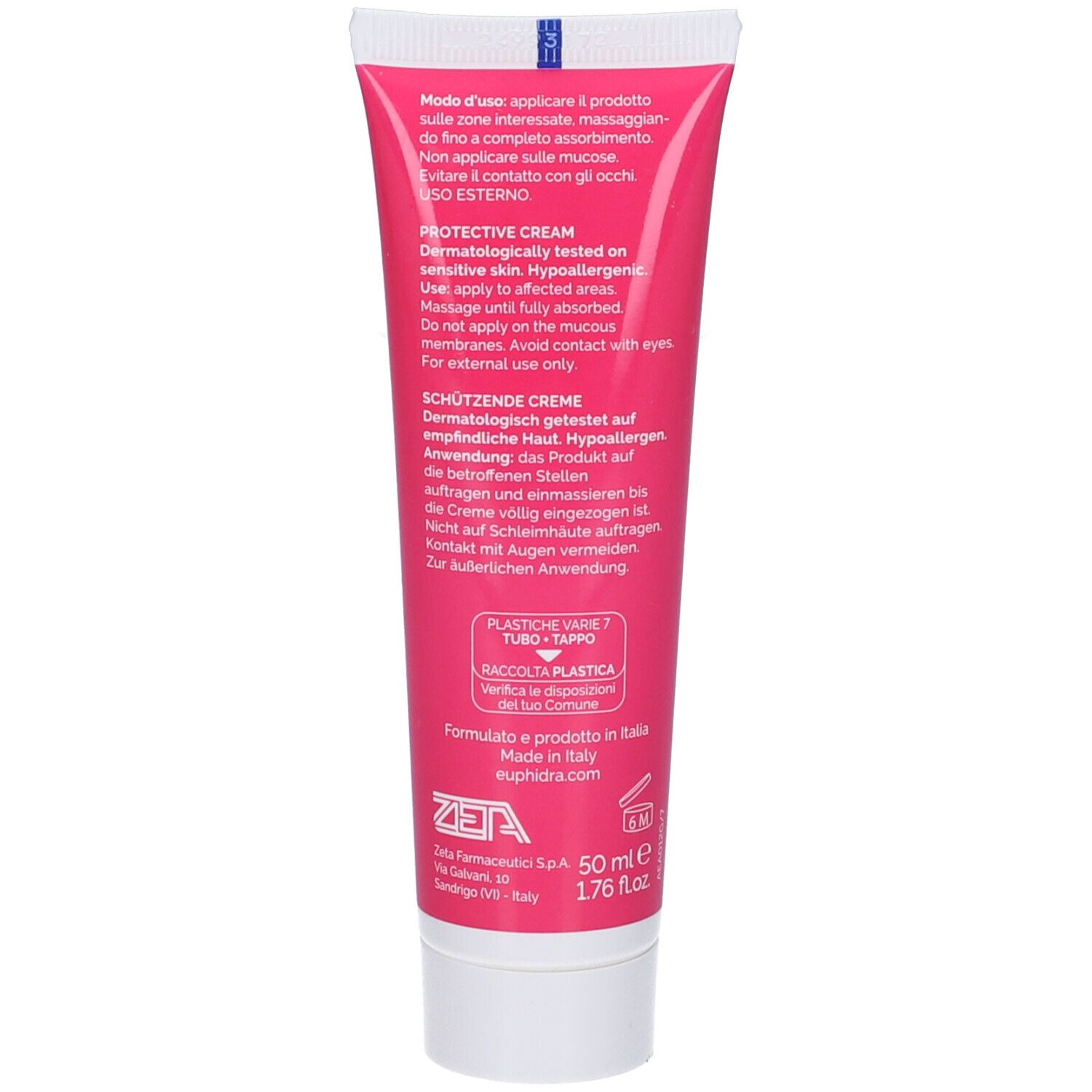 Retro del tubo rosa. Testo: Crema protettiva, dermatologicamente testata, ipoallergenica. Ingredienti. Garanzia Zeta Farmaceutici. 50 ml.