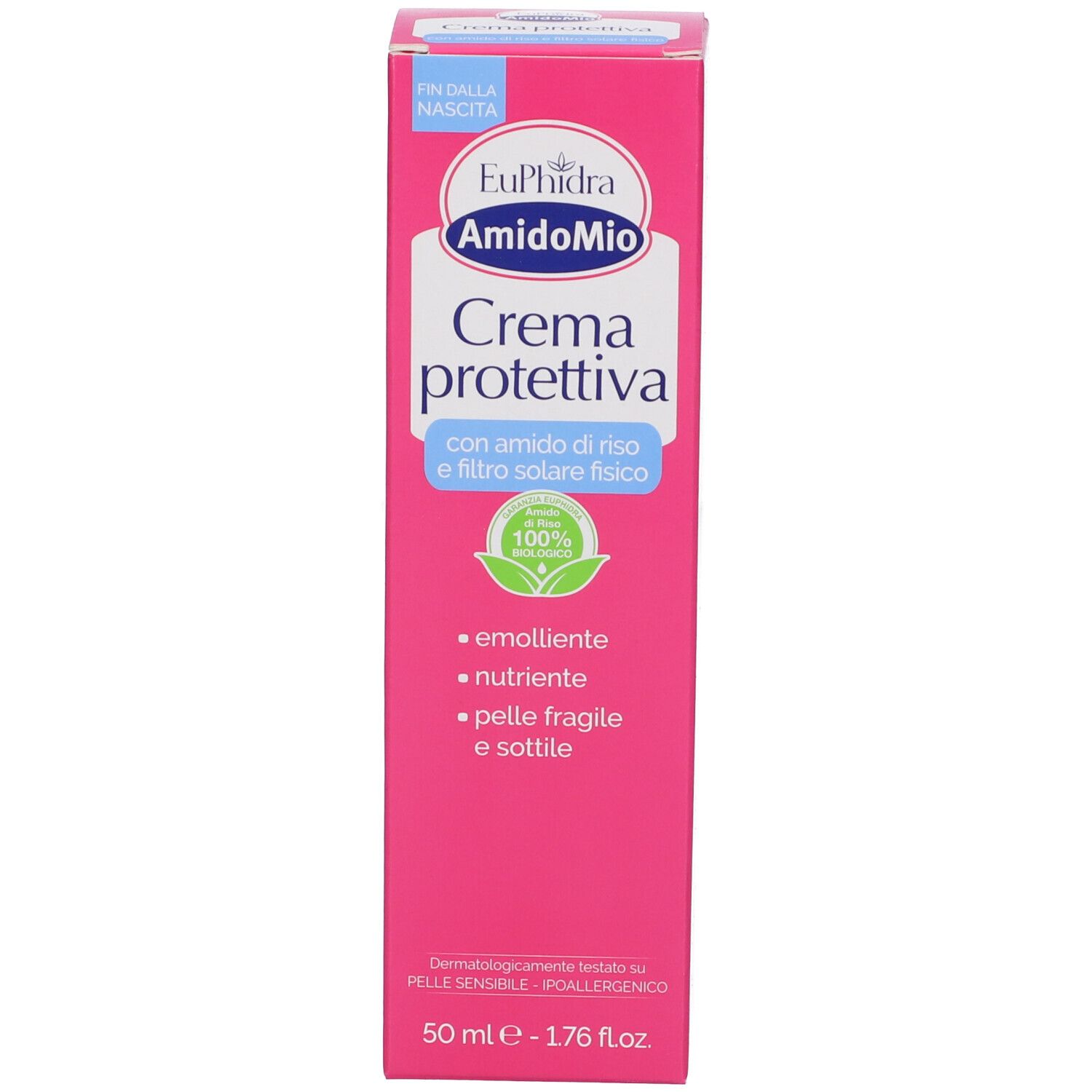 Confezione rosa. Testo: Euphidra, AmidoMio, Crema protettiva, con amido di riso e filtro fisico. 100% biologico.