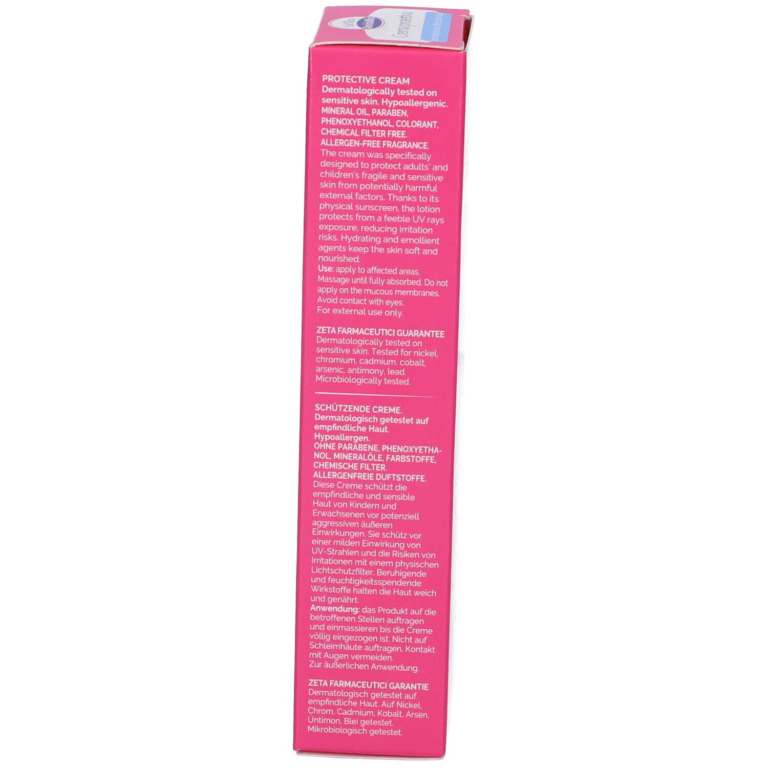 Lato della confezione rosa. Testo: Crema protettiva, dermatologicamente testata, ipoallergenica. Ingredienti. Garanzia Zeta Farmaceutici.
