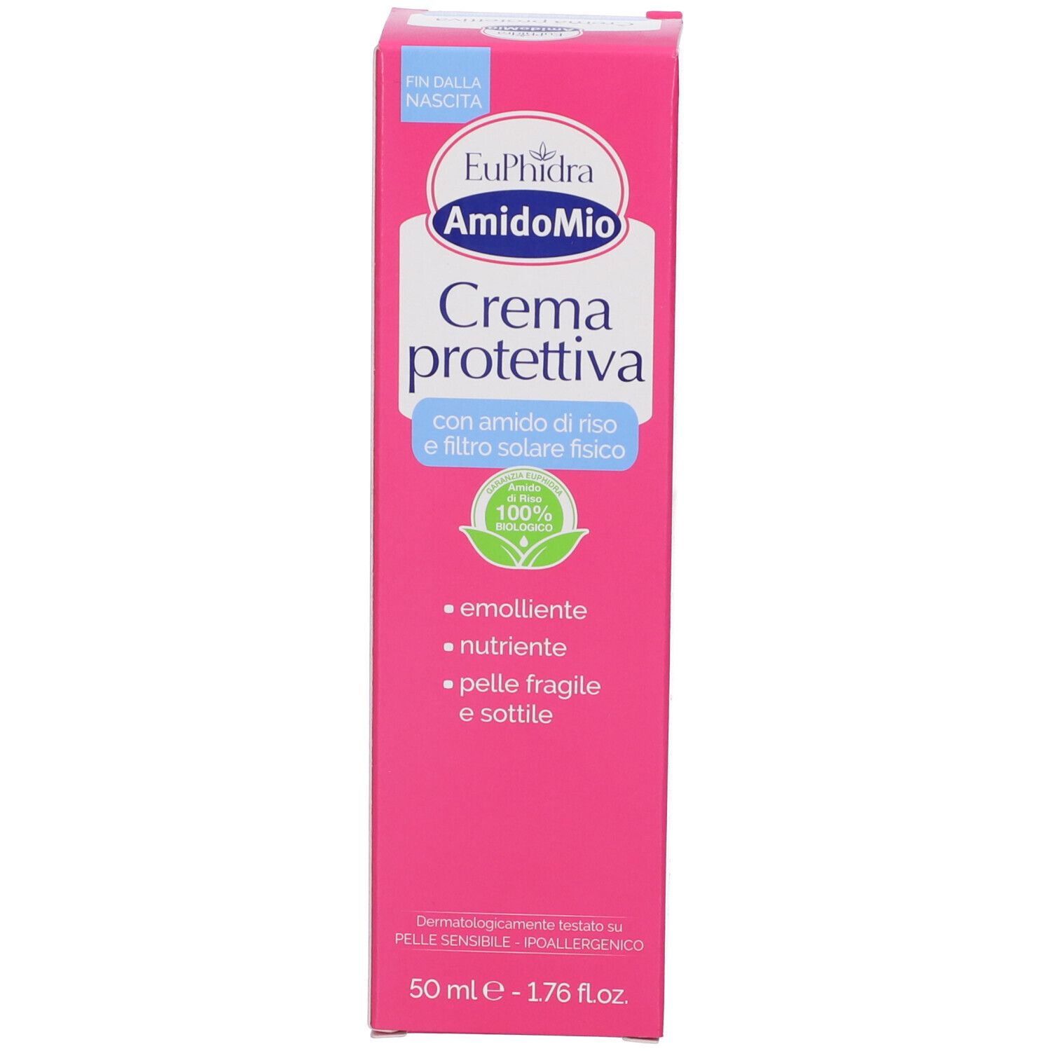 Confezione rosa. Testo: Euphidra, AmidoMio, Crema protettiva, con amido di riso e filtro fisico. 100% biologico.