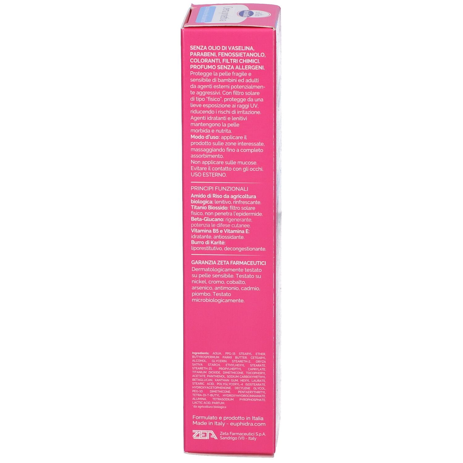 Lato della confezione rosa. Testo: Senza vaselina, parabeni, tensioattivi, coloranti, allergeni. Garanzia Zeta Farmaceutici.