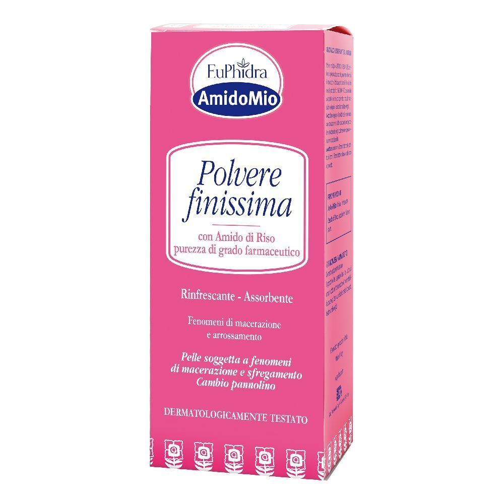 Boîte rose avec logo et nom du produit. Texte: Polvere finissima, avec amidon de riz. Testé dermatologiquement.