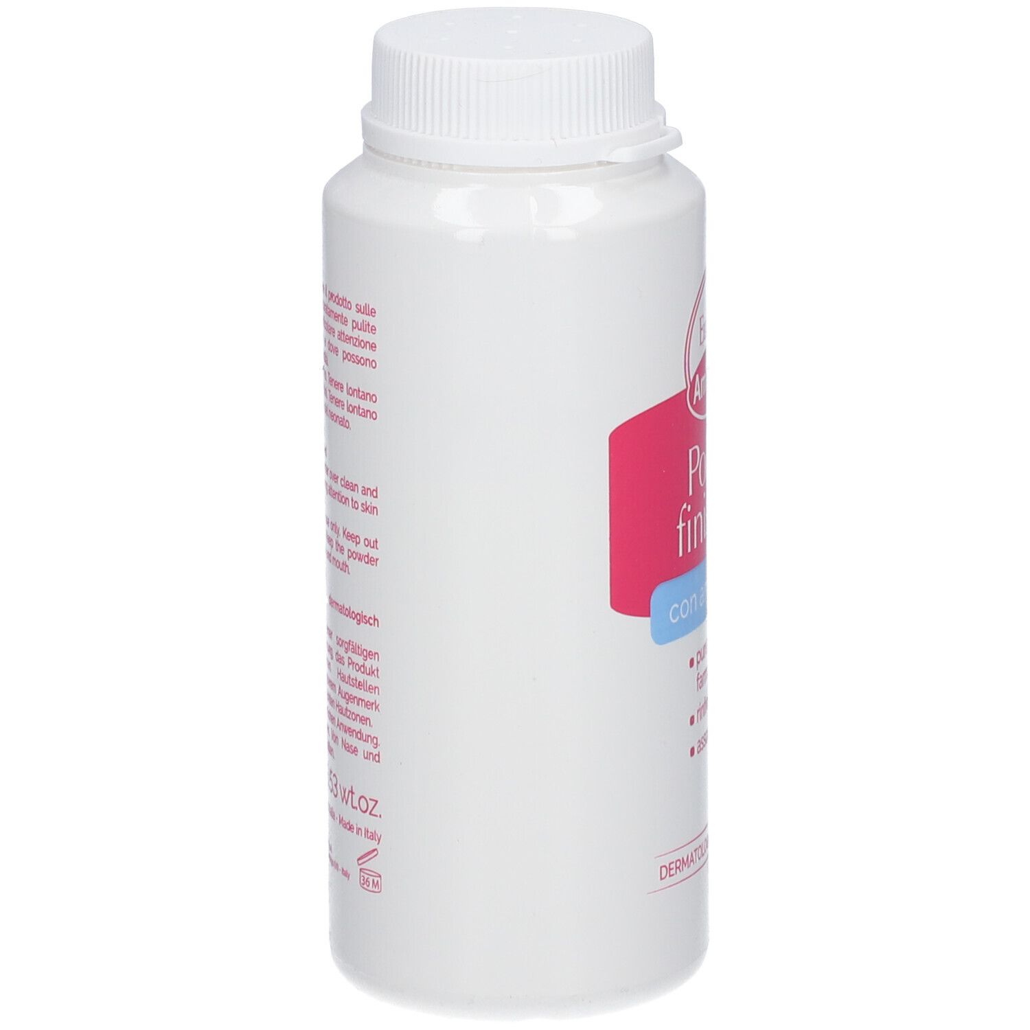 Flacon blanc avec bouchon à vis. Nom et logo du produit. Texte: Polvere finissima, avec amidon de riz. Testé dermatologiquement.