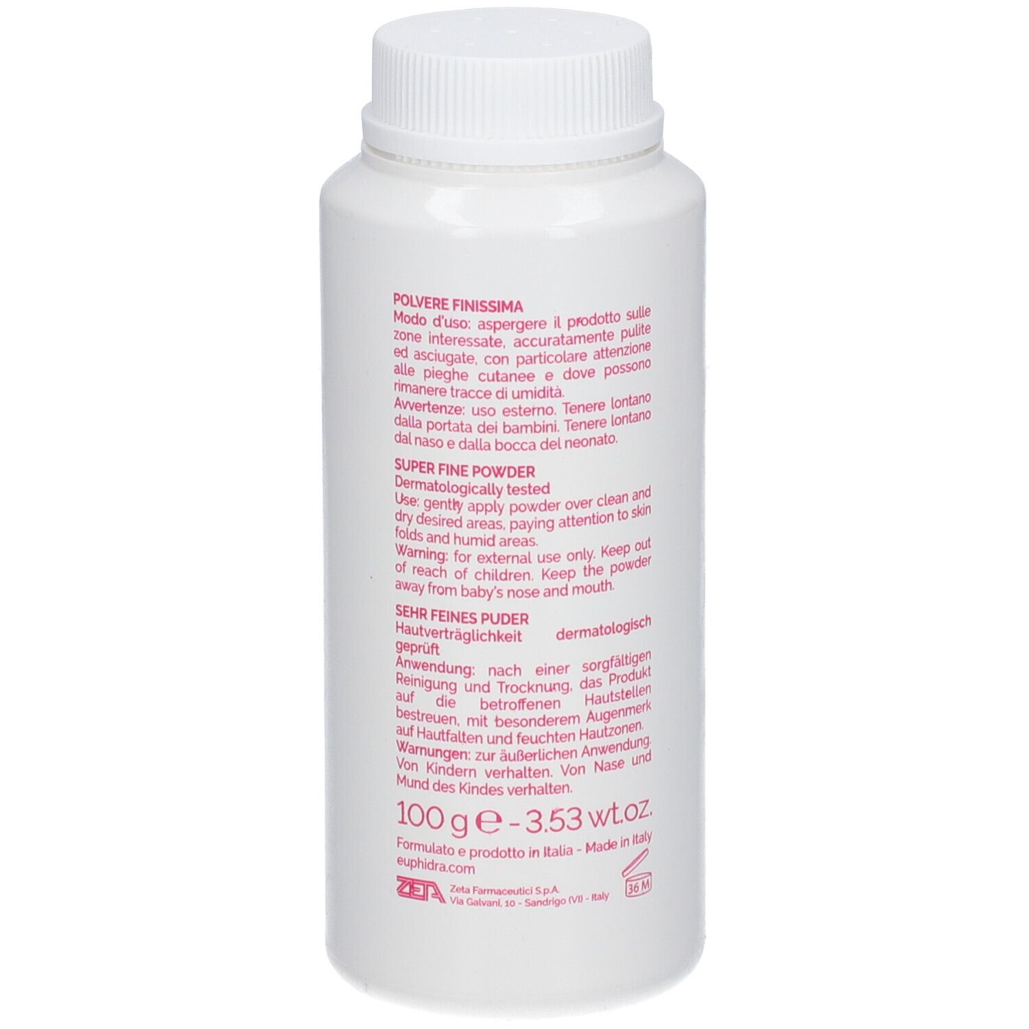 Flacon blanc avec bouchon à vis. Nom et logo du produit. Texte: Polvere finissima, avec amidon de riz. Testé dermatologiquement.