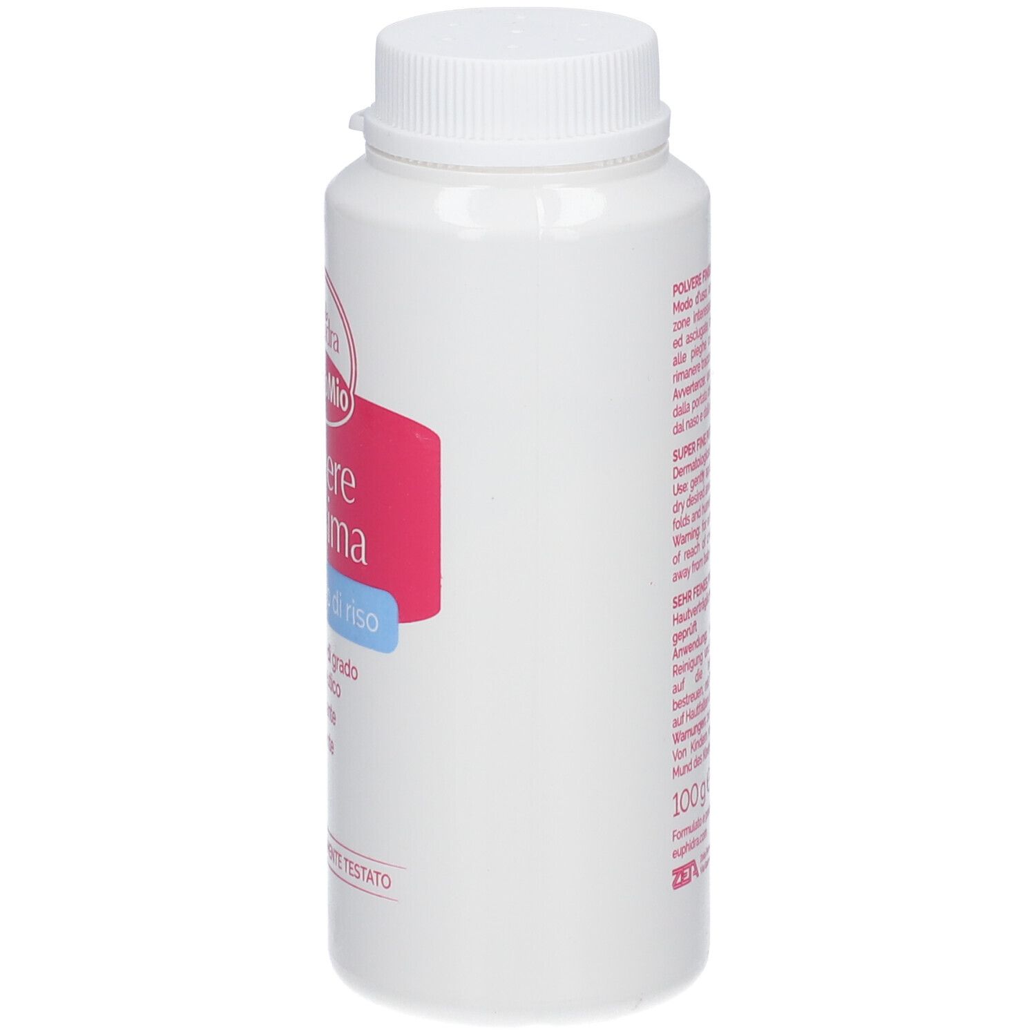 Flacon blanc avec bouchon à vis. Nom et logo du produit. Texte: Polvere finissima, avec amidon de riz. Testé dermatologiquement.