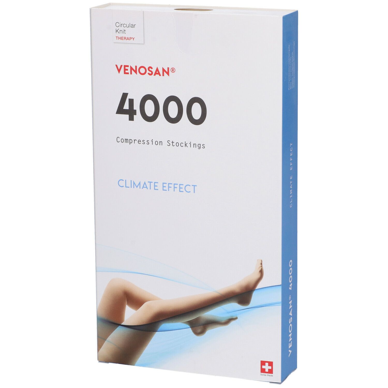 Confezione di calze compressive. Scritta: Venosan 4000, Climate Effect. Gambe con calze raffigurate. Croce svizzera.