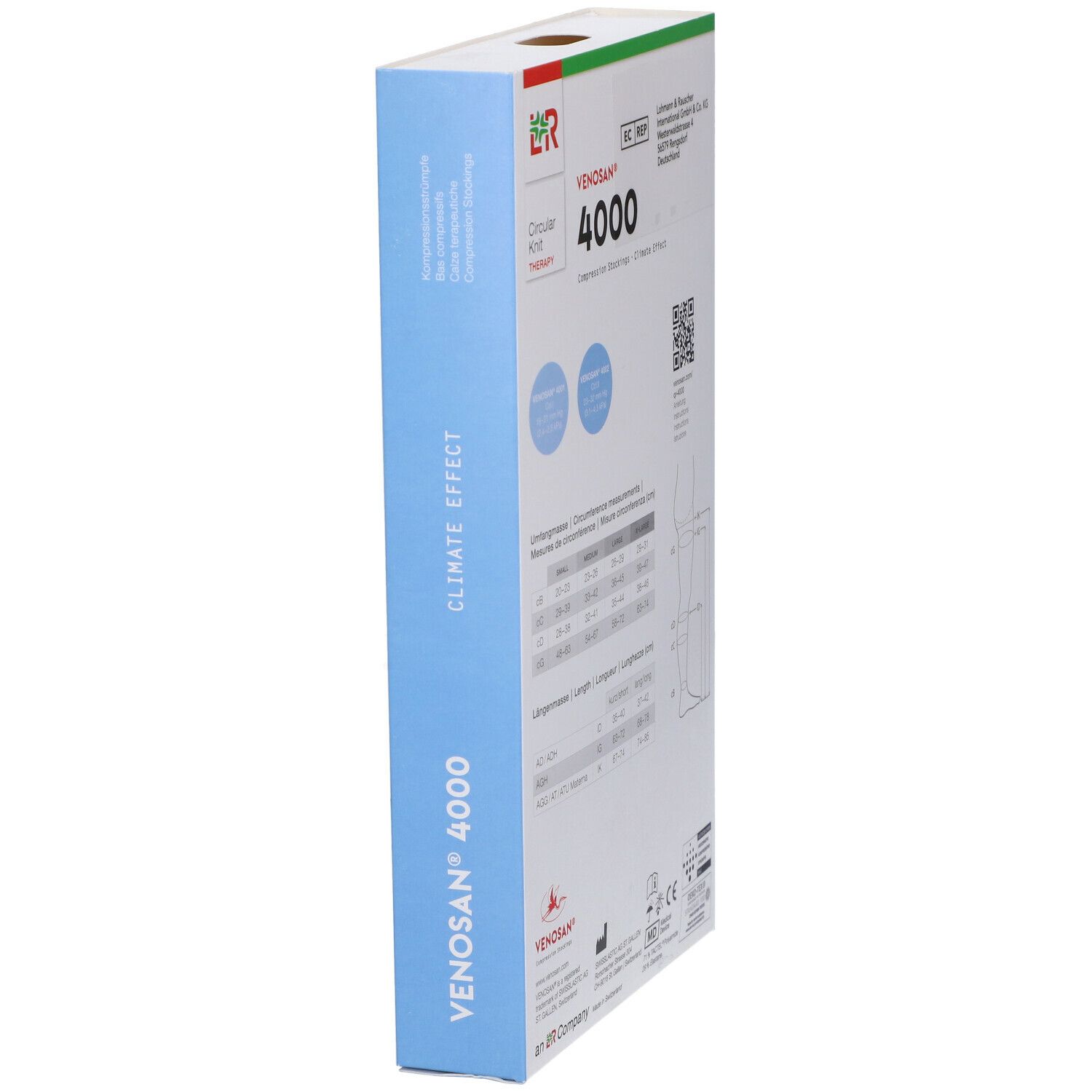 Confezione di calze compressive. Scritta: Venosan 4000, Climate Effect. Vista laterale con tabella taglie.