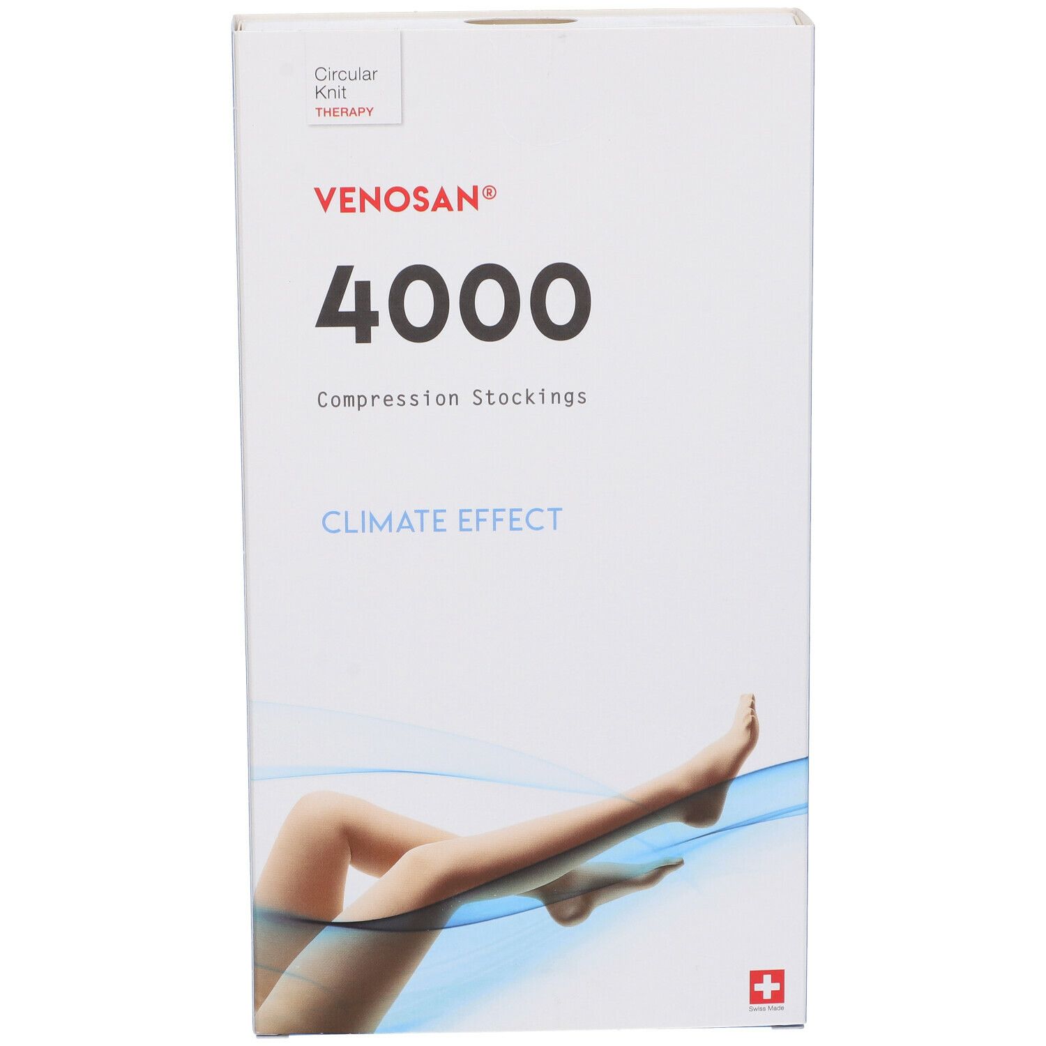 Confezione di calze compressive. Scritta: Venosan 4000, Climate Effect. Gambe con calze raffigurate. Croce svizzera.