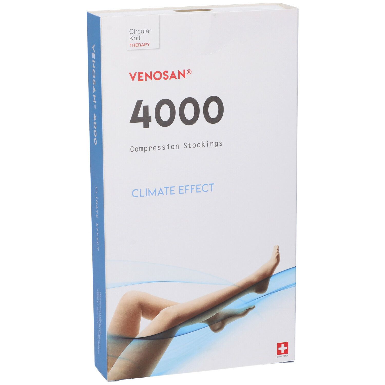 Confezione di calze compressive. Scritta: Venosan 4000, Climate Effect. Gambe con calze raffigurate. Croce svizzera.