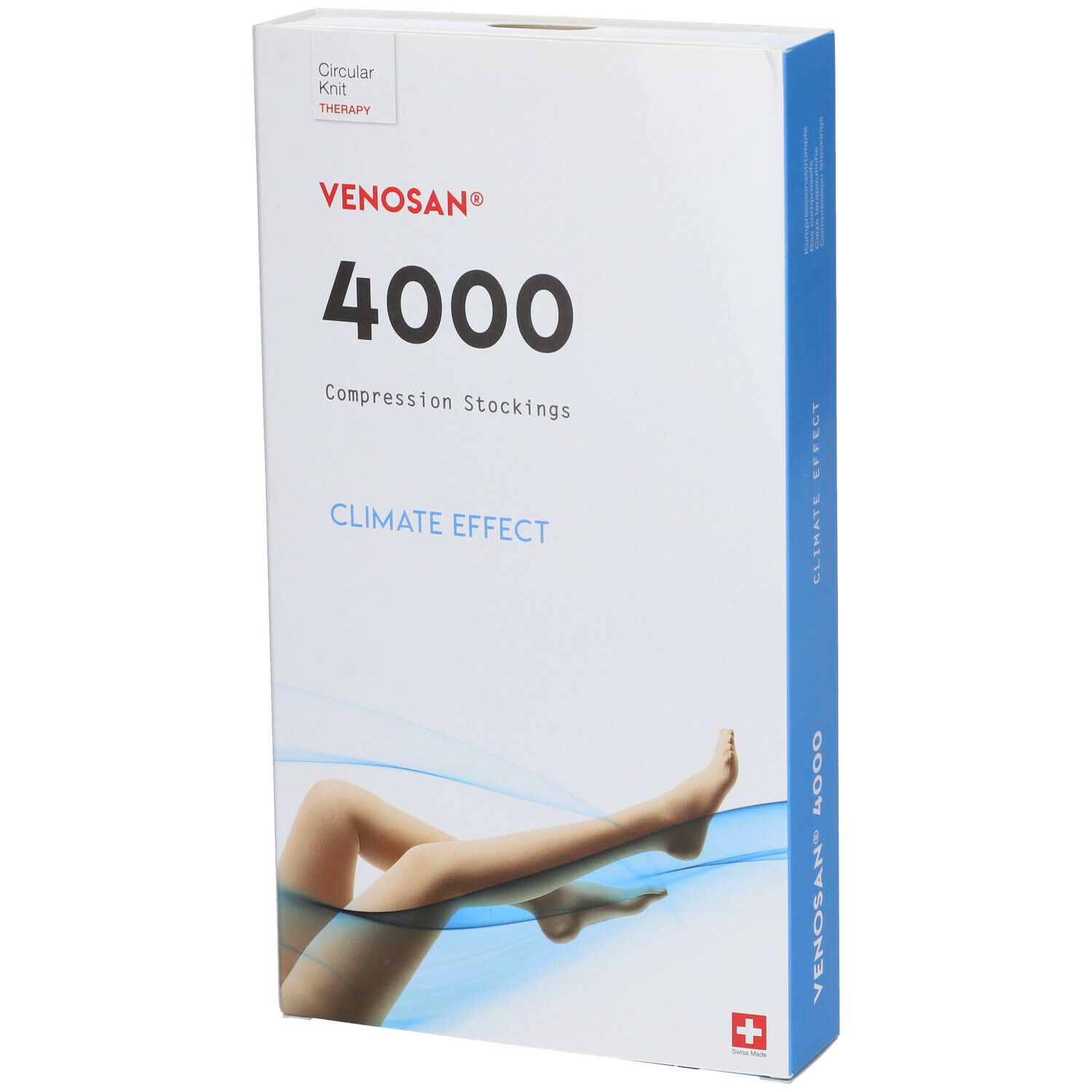 Confezione di calze a compressione Venosan 4000. Scatola bianca con lato blu. Illustrazione della gamba.