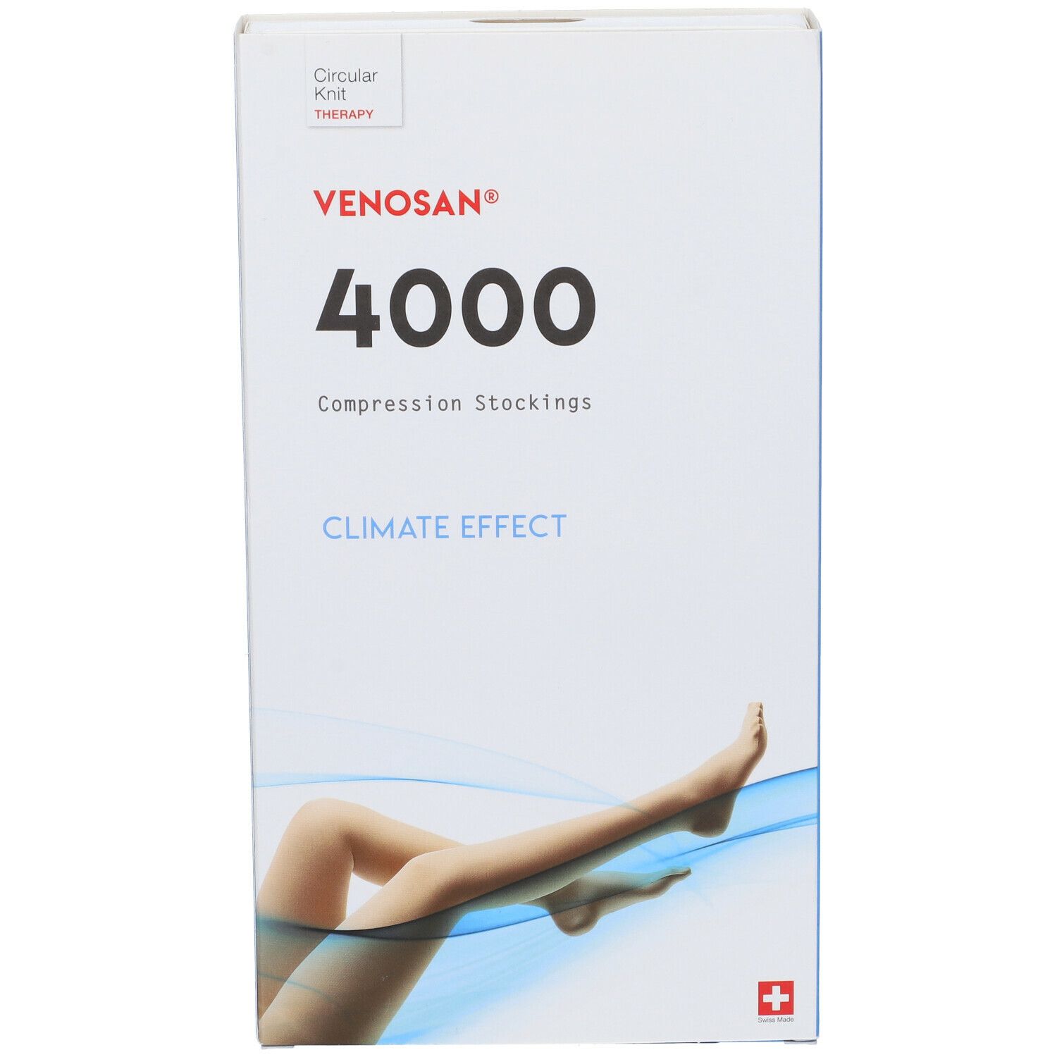 Confezione di calze a compressione Venosan 4000. Scatola bianca con illustrazione della gamba.