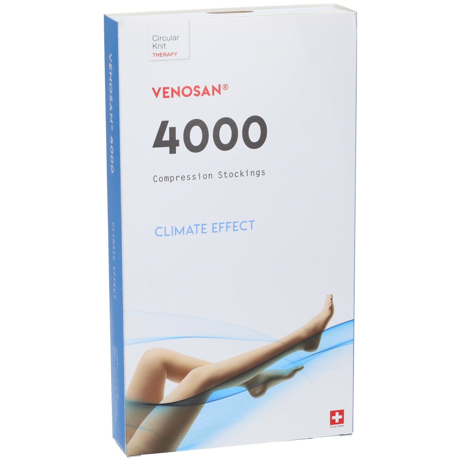 Confezione di calze a compressione Venosan 4000. Scatola bianca con illustrazione della gamba.