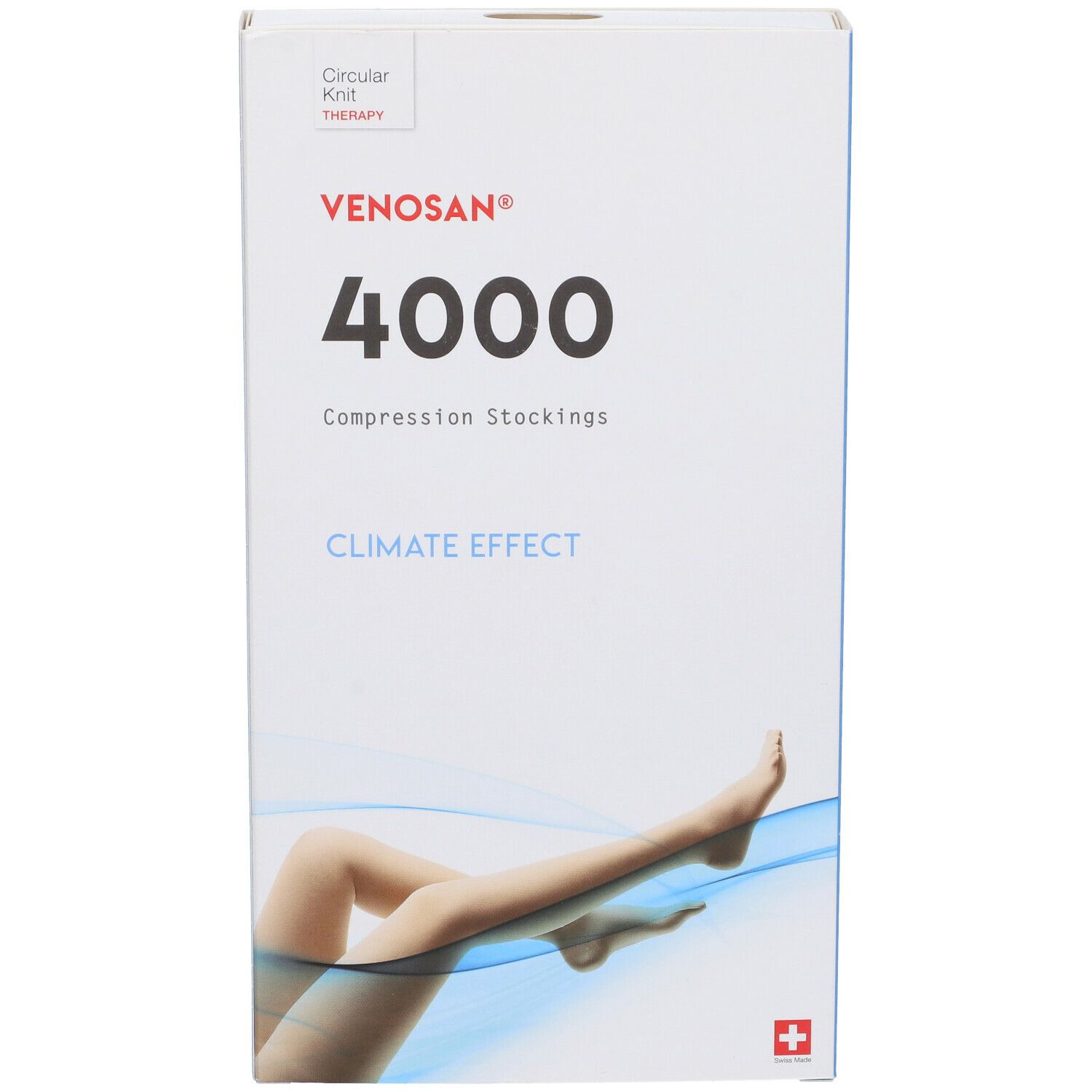 Confezione di calze compressive. Scritta Venosan 4000, Climate Effect. Immagine di gamba con calza. Croce svizzera.