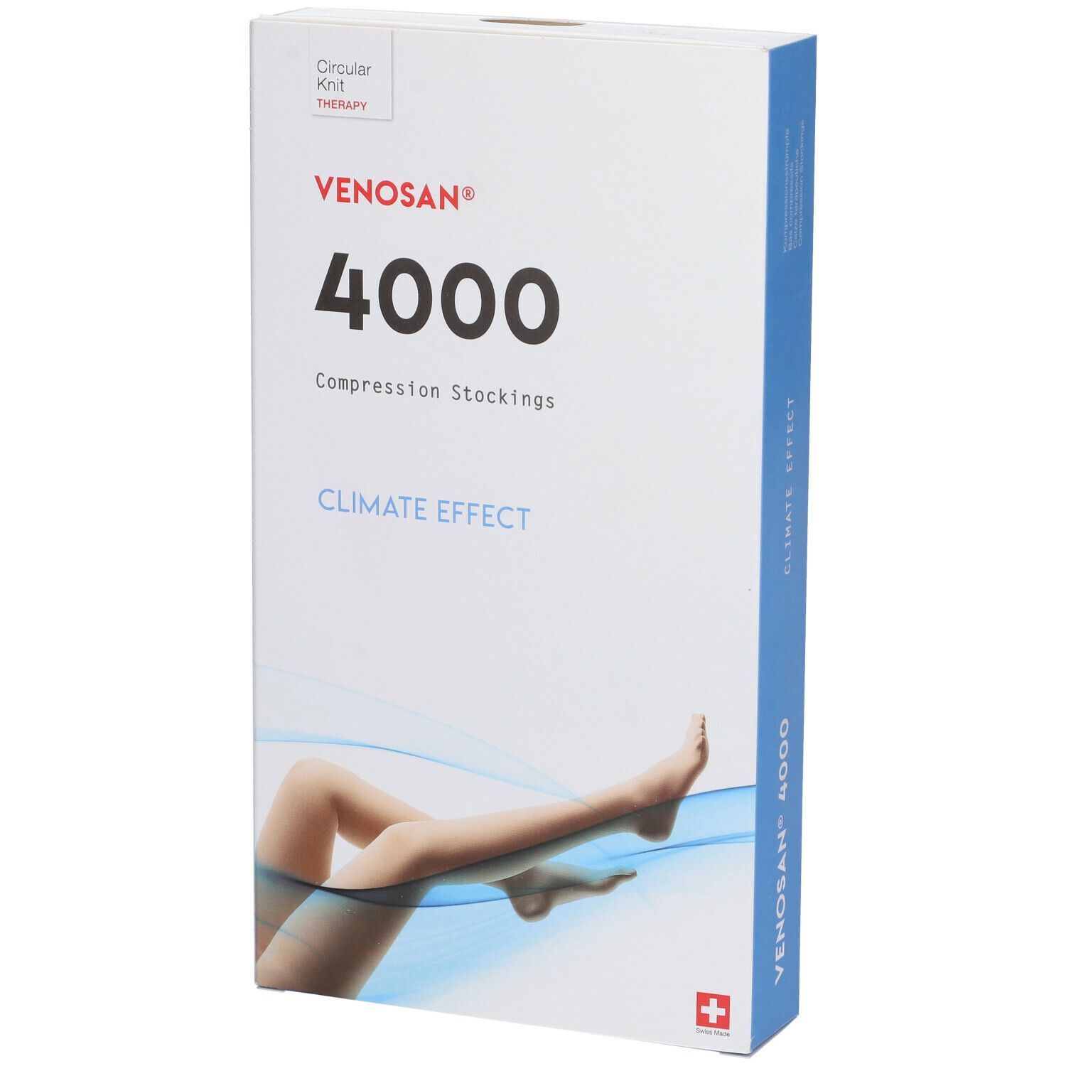 Confezione di calze a compressione Venosan 4000. Scritte: 4000, Climate Effect. Immagine di una gamba.