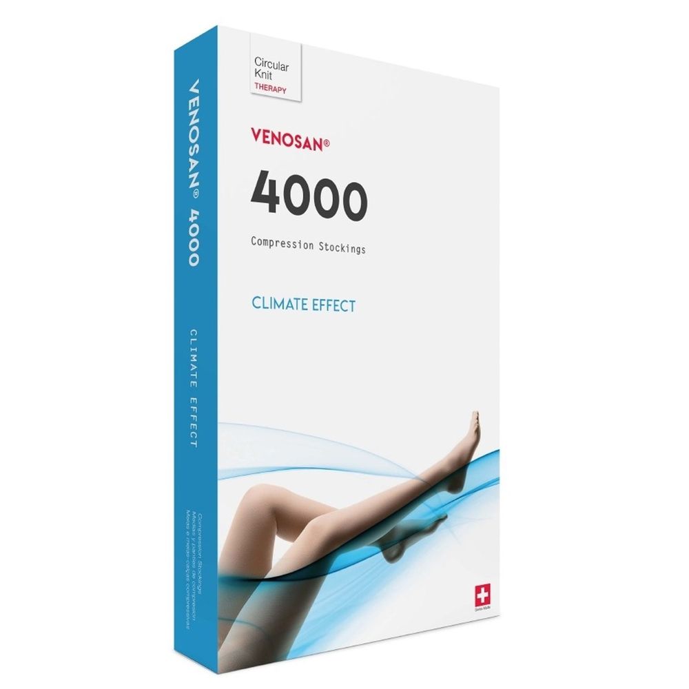 Calze a compressione Venosan 4000. Confezione bianca e blu. Croce svizzera. Illustrazione gamba.