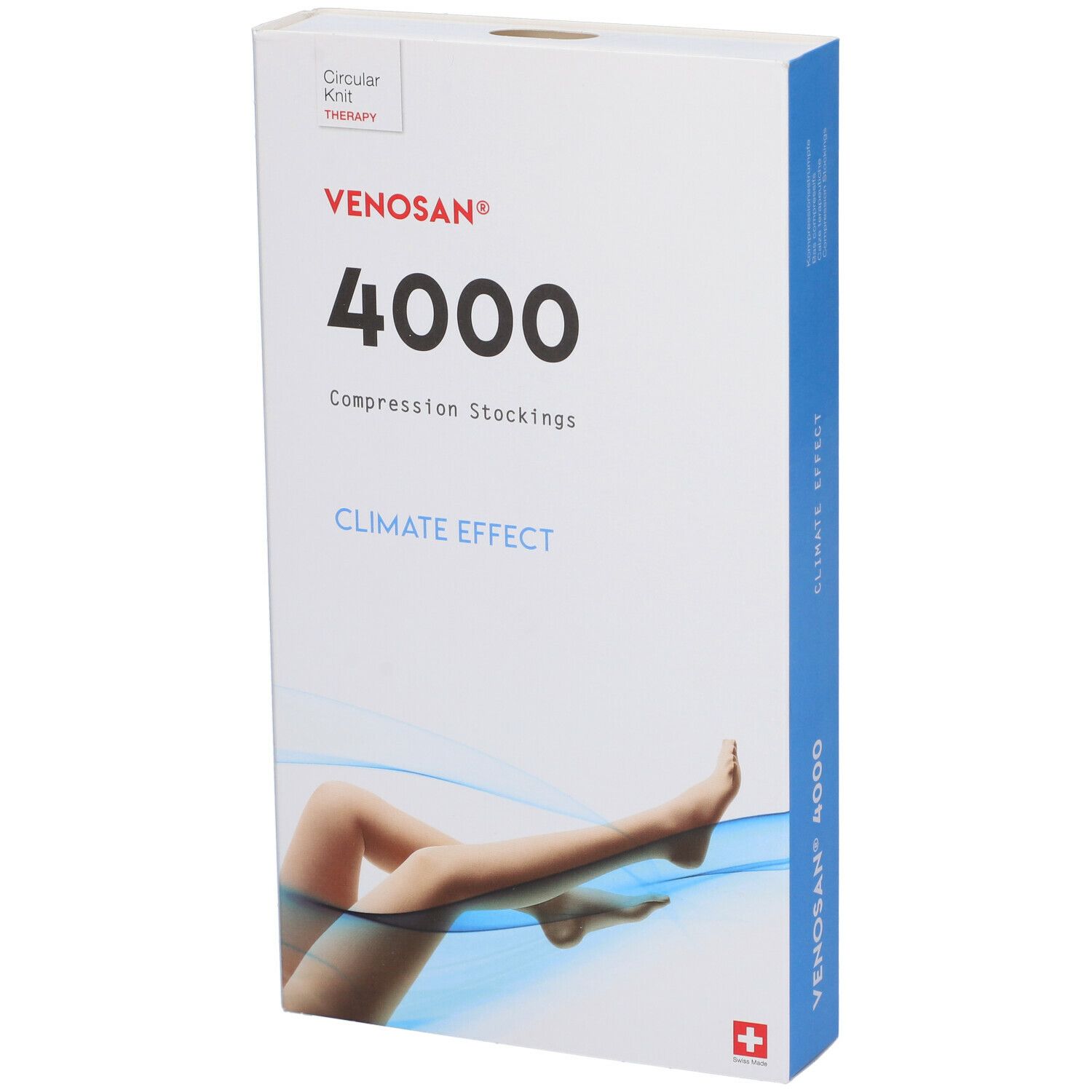 Calze a compressione Venosan 4000. Confezione bianca e blu. Croce svizzera. Illustrazione gamba.