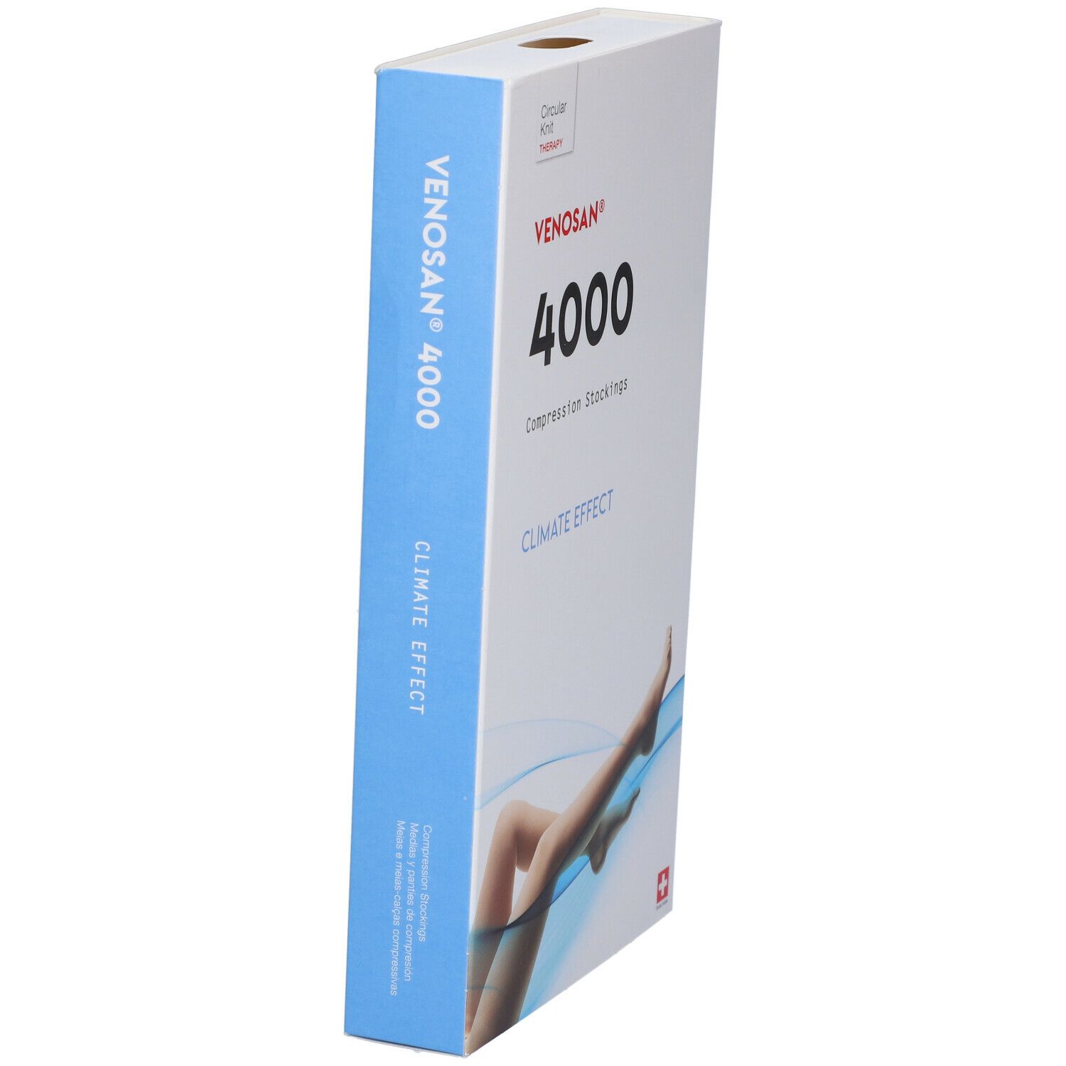 Calze a compressione Venosan 4000. Confezione bianca e blu. Croce svizzera. Illustrazione gamba.