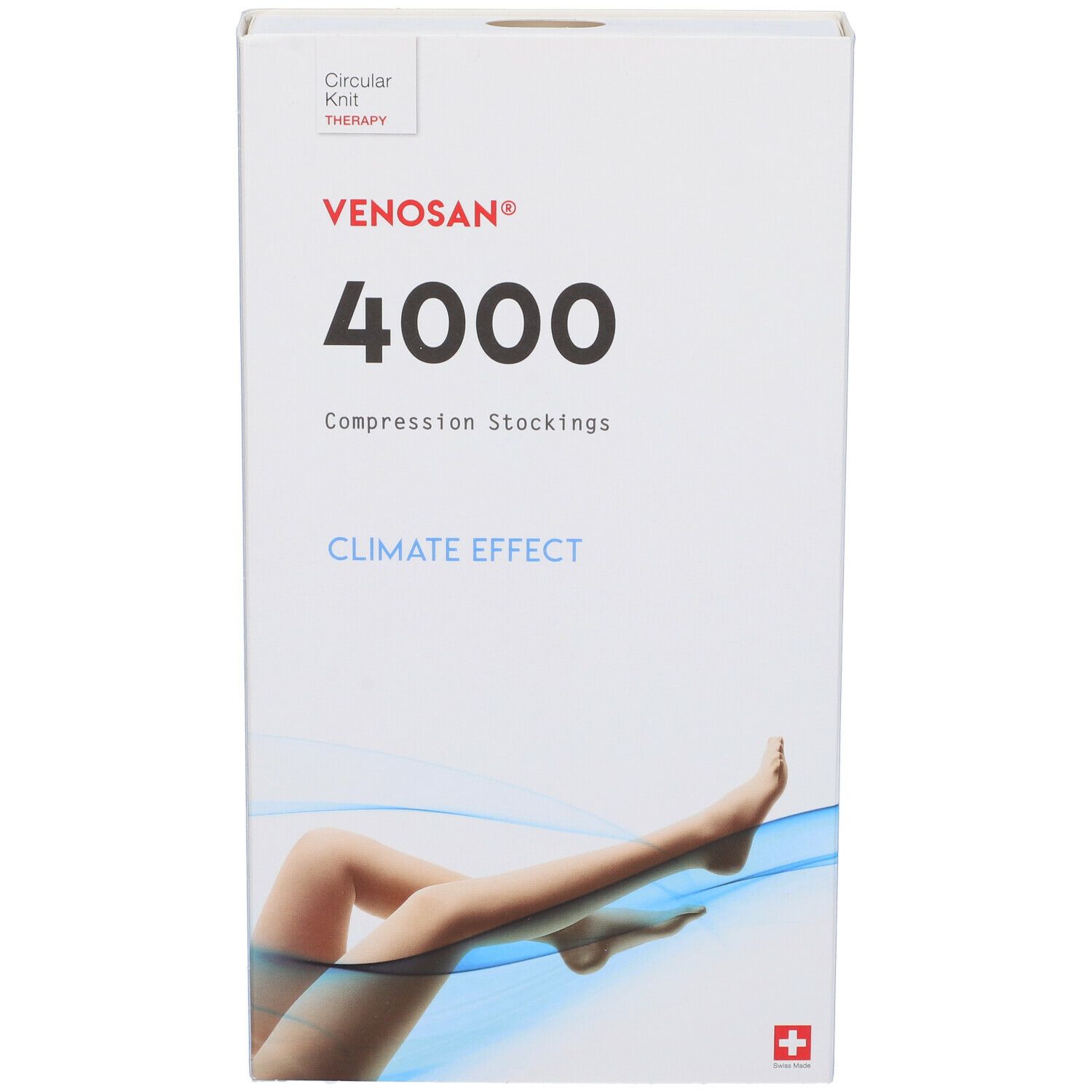 Calze a compressione Venosan 4000. Confezione bianca e blu. Croce svizzera. Illustrazione gamba.