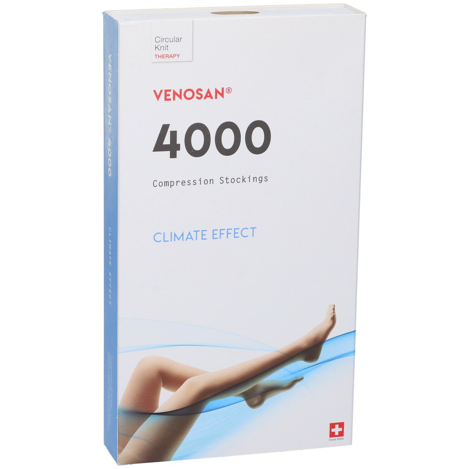 Calze a compressione Venosan 4000. Confezione bianca e blu. Croce svizzera. Illustrazione gamba.