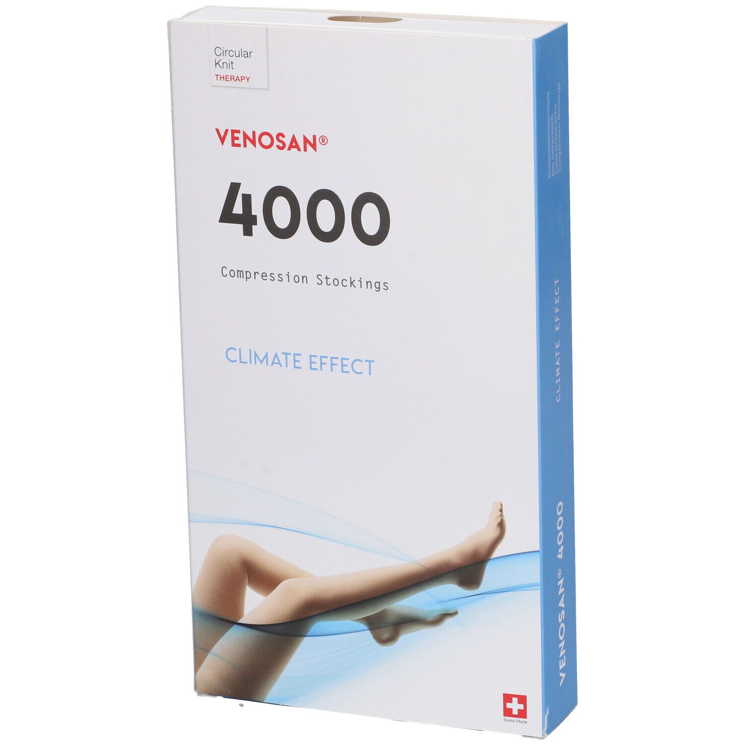 Confezione di calze a compressione Venosan 4000. Scritte: Venosan, 4000, Compression Stockings, Climate Effect. Croce svizzera. Illustrazione gamba.
