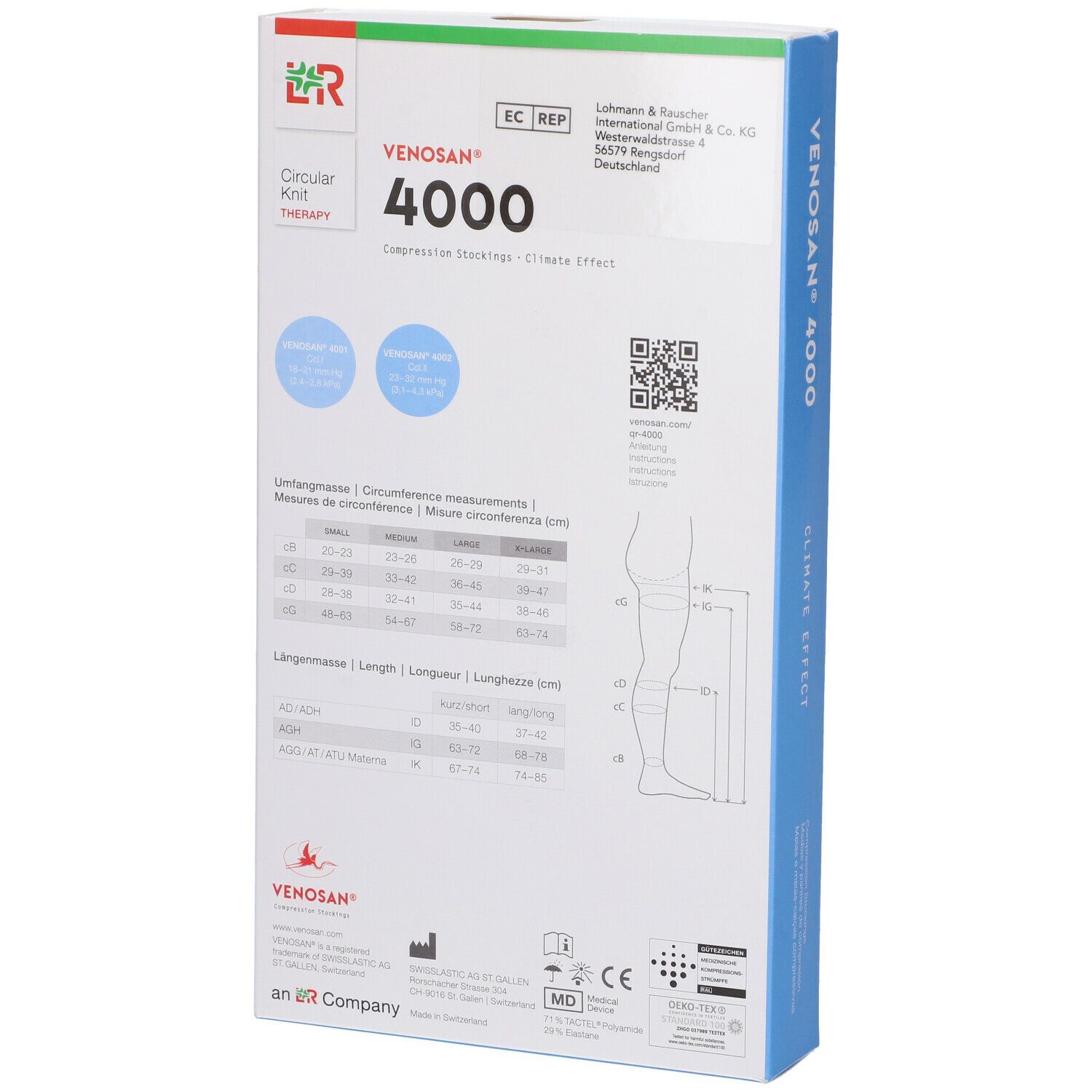 Confezione di calze a compressione Venosan 4000. Scritte: Venosan, 4000, Compression Stockings, Climate Effect. Croce svizzera. Illustrazione gamba.