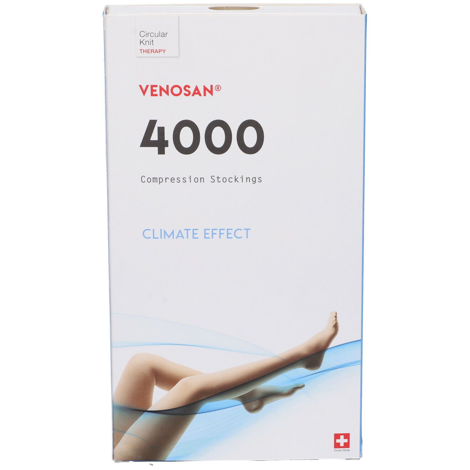 Confezione di calze a compressione Venosan 4000. Scritte: Venosan, 4000, Compression Stockings, Climate Effect. Croce svizzera. Illustrazione gamba.