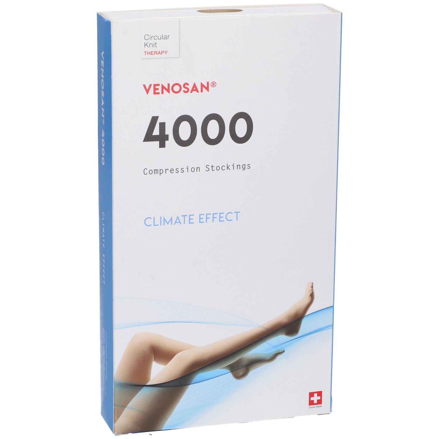 Confezione di calze a compressione Venosan 4000. Scritte: Venosan, 4000, Compression Stockings, Climate Effect. Croce svizzera. Illustrazione gamba.