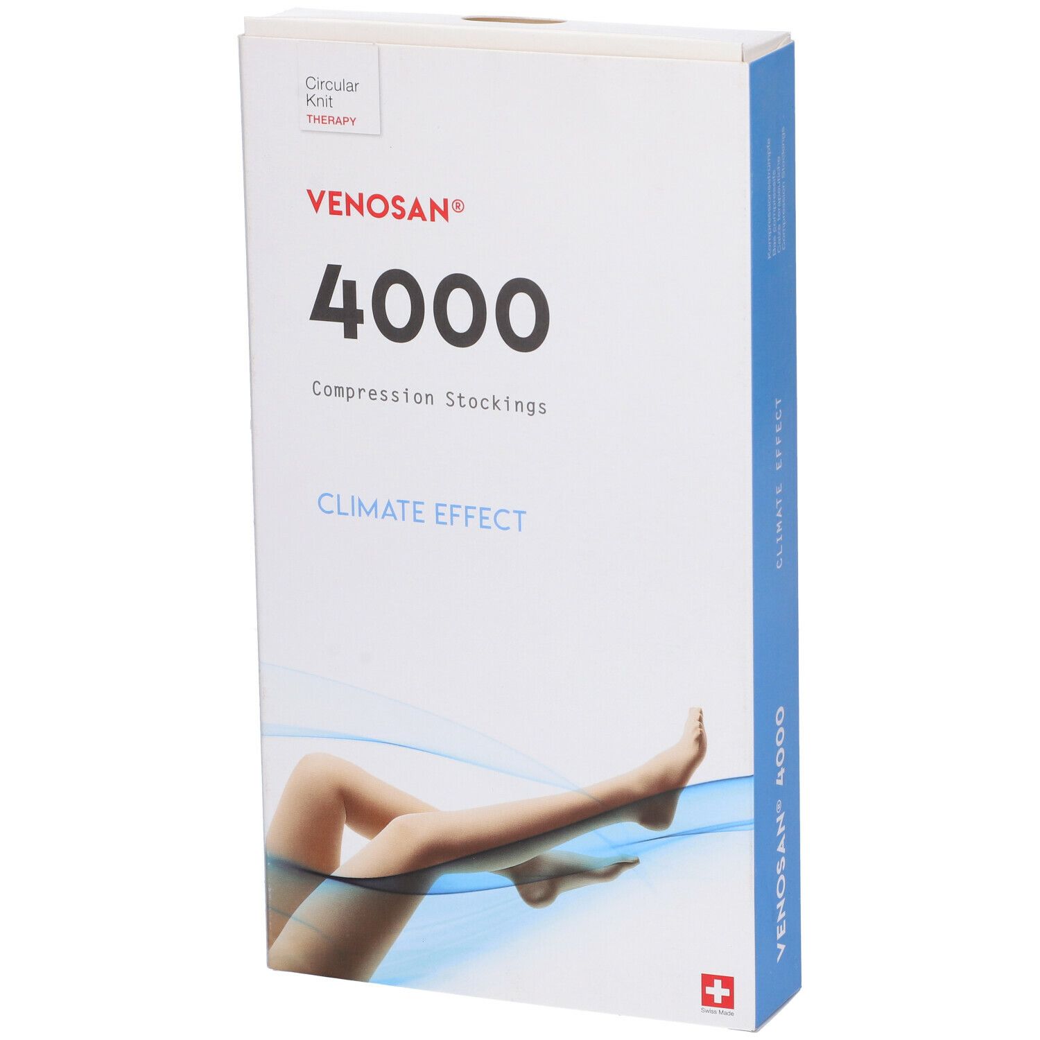 Confezione di calze compressive. Scritta: Venosan 4000, Climate Effect. Illustrazione di una gamba.