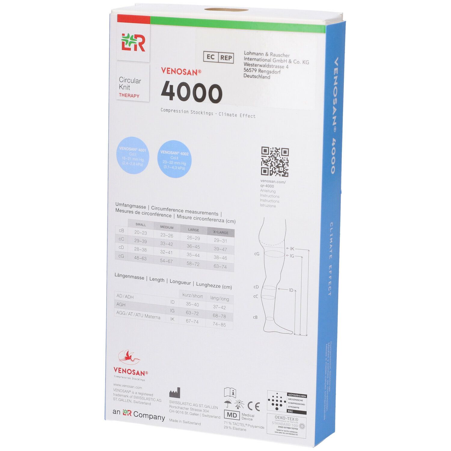 Retro della confezione di calze compressive. Scritta: Venosan 4000. Tabelle di misure e codice QR.