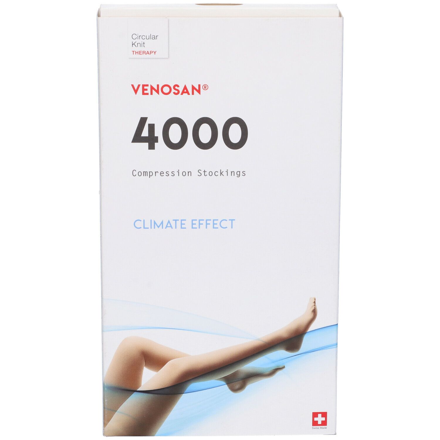 Confezione di calze compressive. Scritta: Venosan 4000, Climate Effect. Illustrazione di una gamba.
