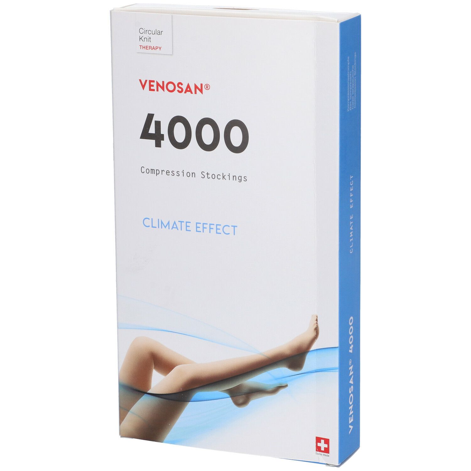 Confezione di calze a compressione Venosan 4000. Scatola bianca con testo blu e illustrazione della gamba. Croce svizzera.