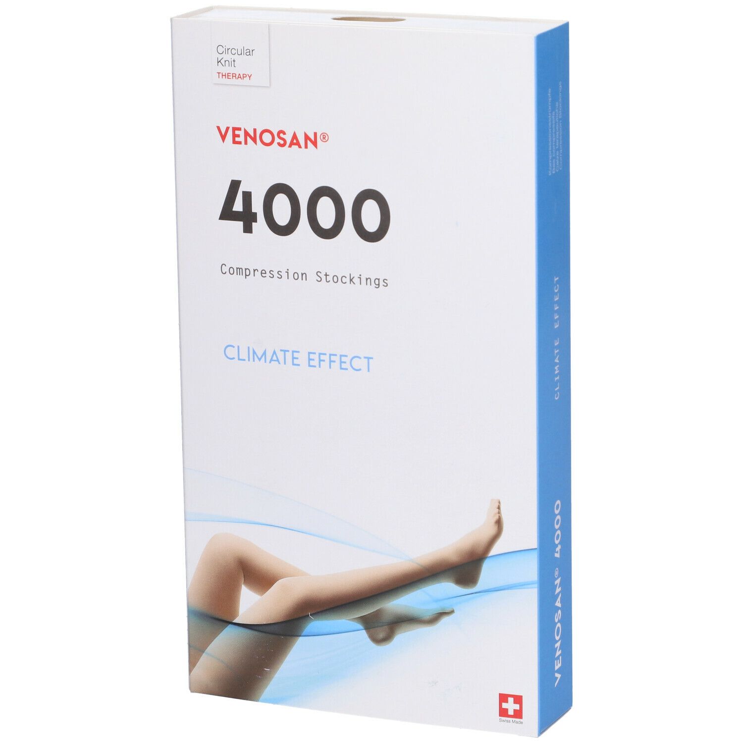 Confezione di calze a compressione Venosan 4000. Scatola bianca con striscia laterale blu. Gamba con calza illustrata. Nome del prodotto.