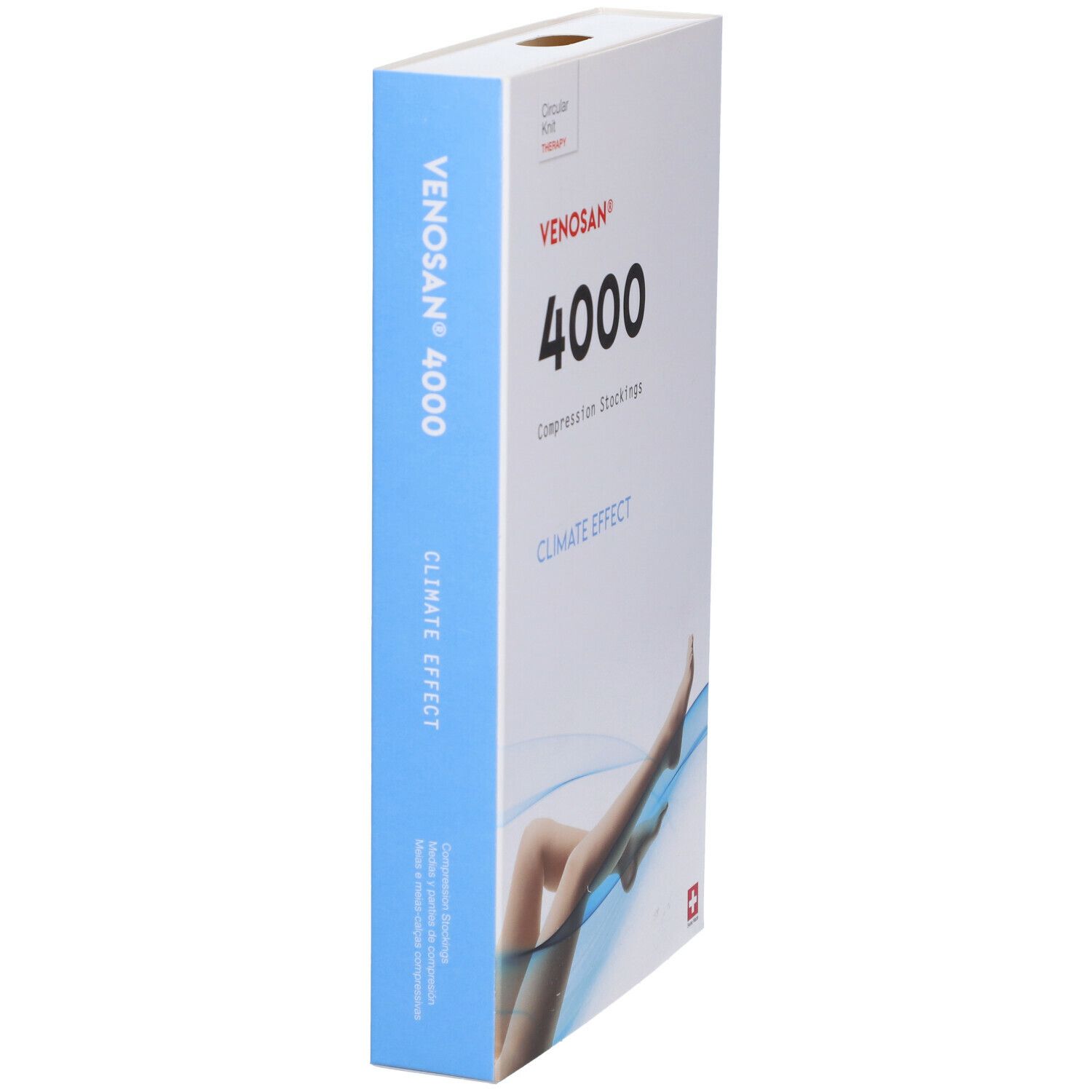 Confezione di calze a compressione Venosan 4000. Scatola bianca con striscia laterale blu. Nome del prodotto e gamba con calza illustrata.