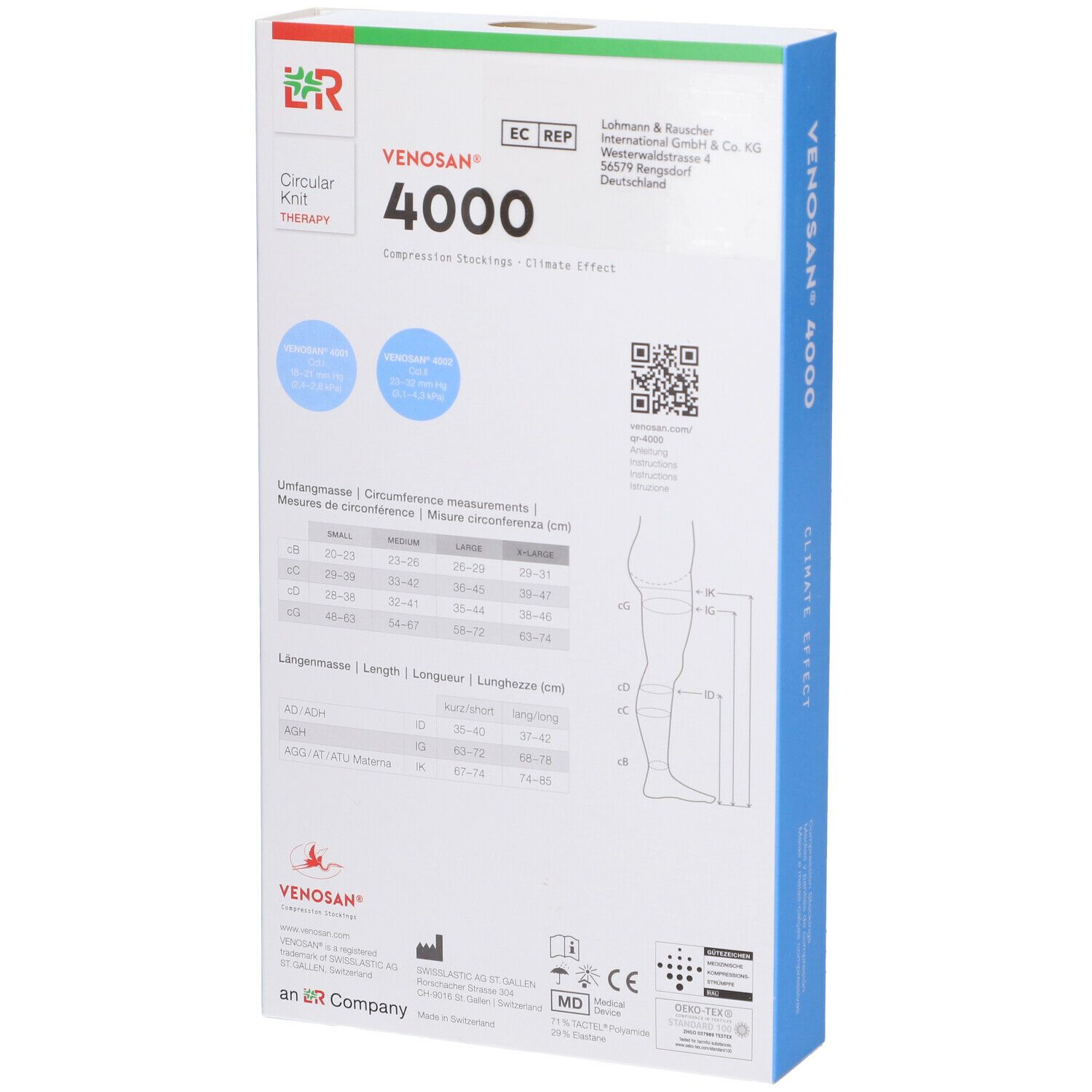 Retro della confezione Venosan 4000. Contiene informazioni sulle misurazioni della circonferenza, codice QR e certificazioni. Design blu e bianco.