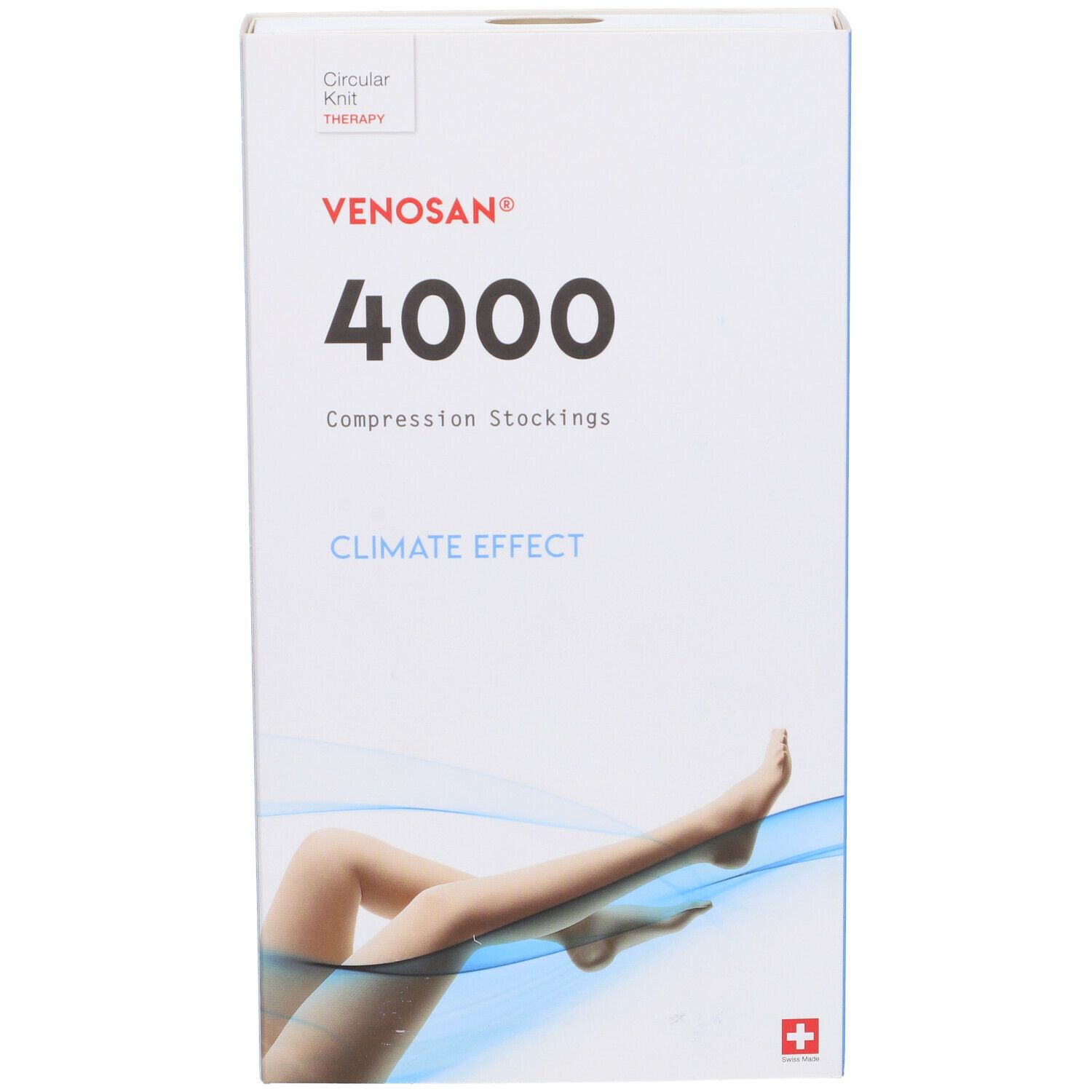 Confezione di calze a compressione Venosan 4000. Scatola bianca con nome del prodotto e gamba con calza. Bandiera svizzera.