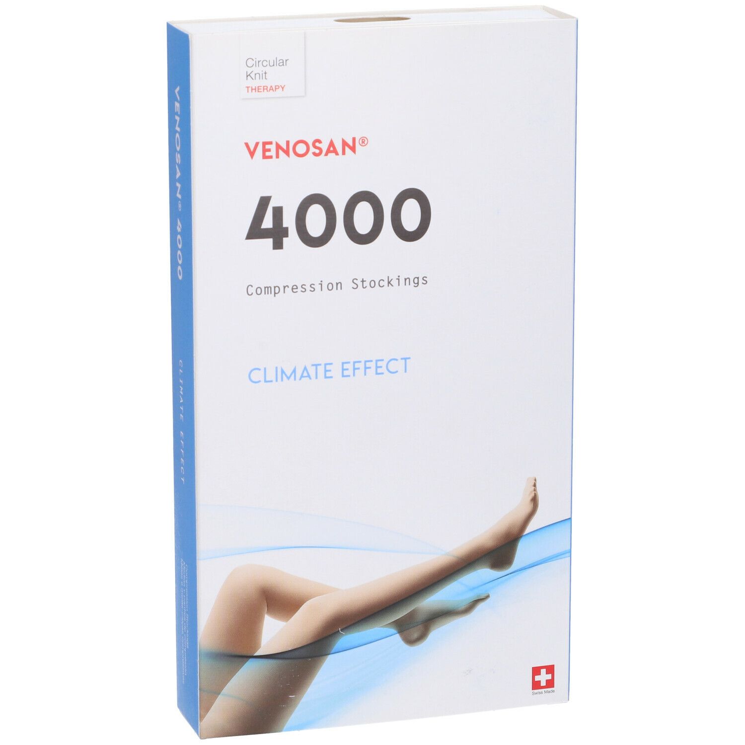 Confezione di calze a compressione Venosan 4000. Scatola bianca con nome del prodotto e gamba con calza. Bandiera svizzera.