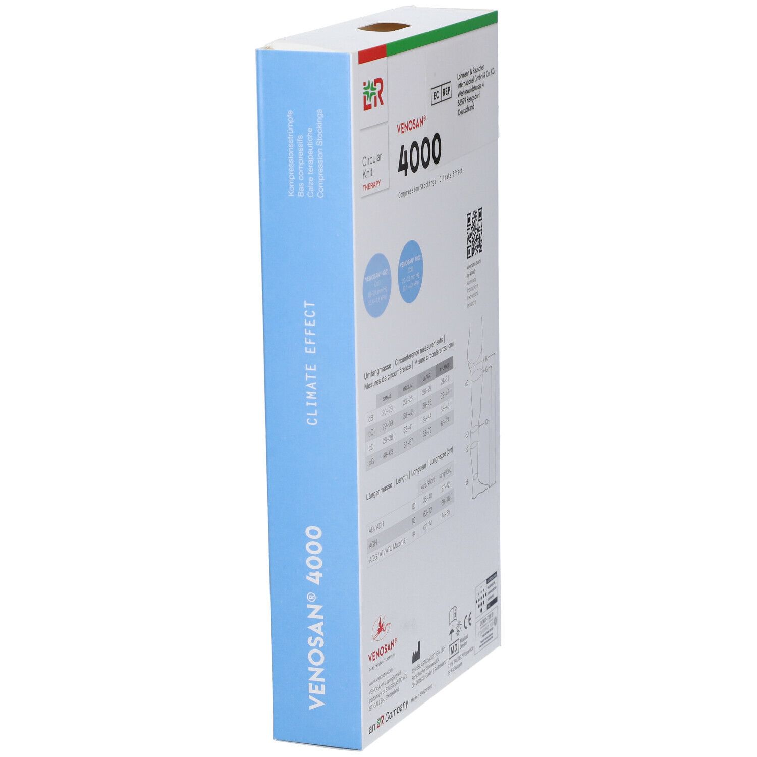 Confezione calze Venosan 4000, lato. Loghi, testo. Blu, bianco.