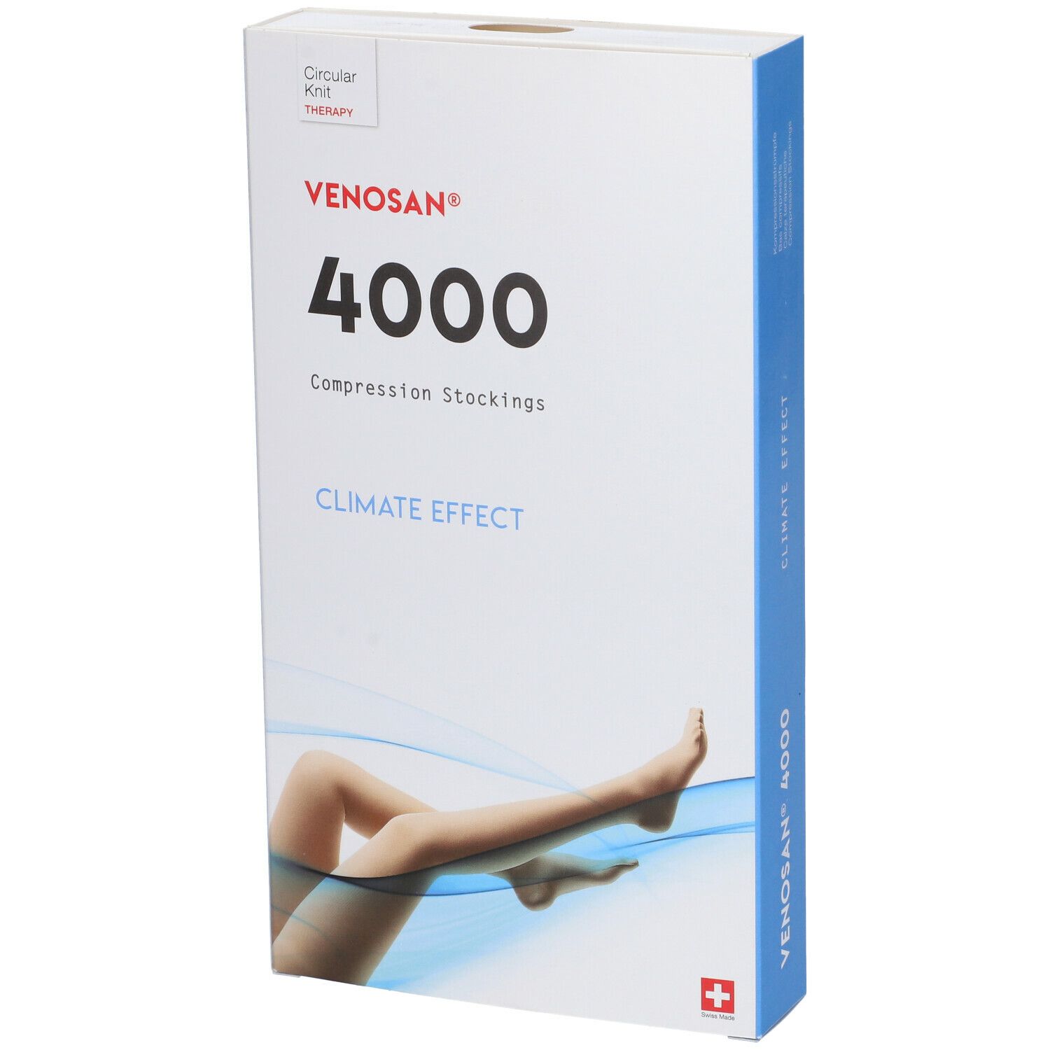 Confezione di calze a compressione Venosan 4000. Bianca con lato blu. Illustrazione gamba.