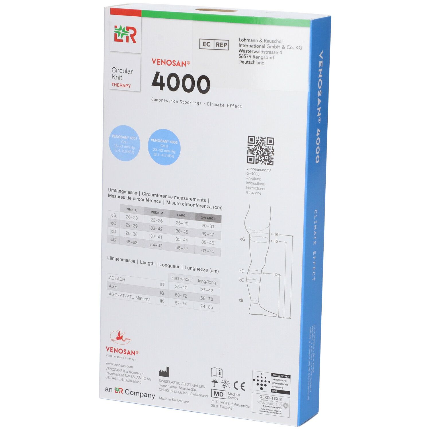 Confezione calze a compressione Venosan 4000. Retro con tabella taglie e codice QR.