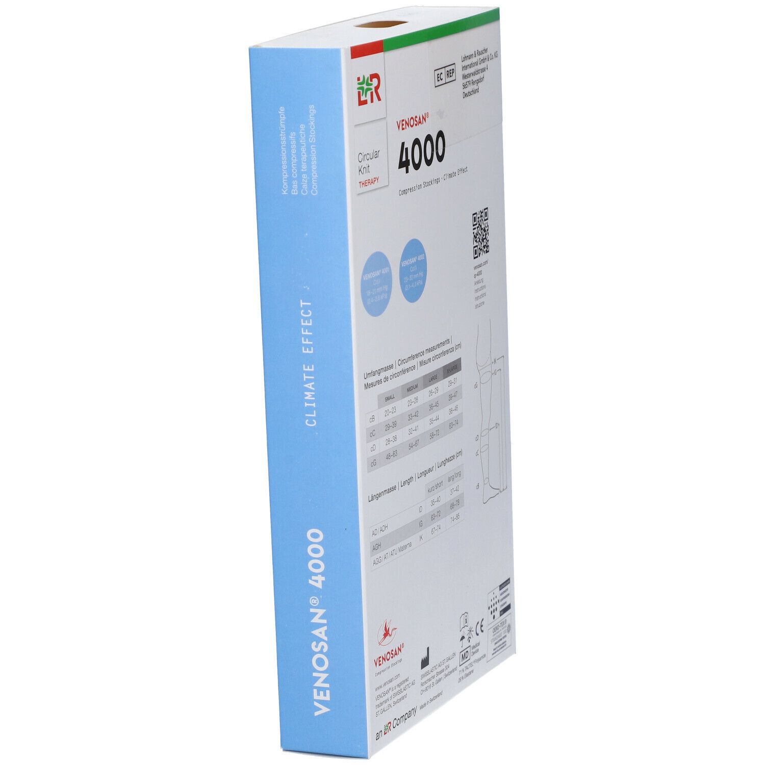 Confezione calze a compressione Venosan 4000. Retro con tabella taglie e codice QR.