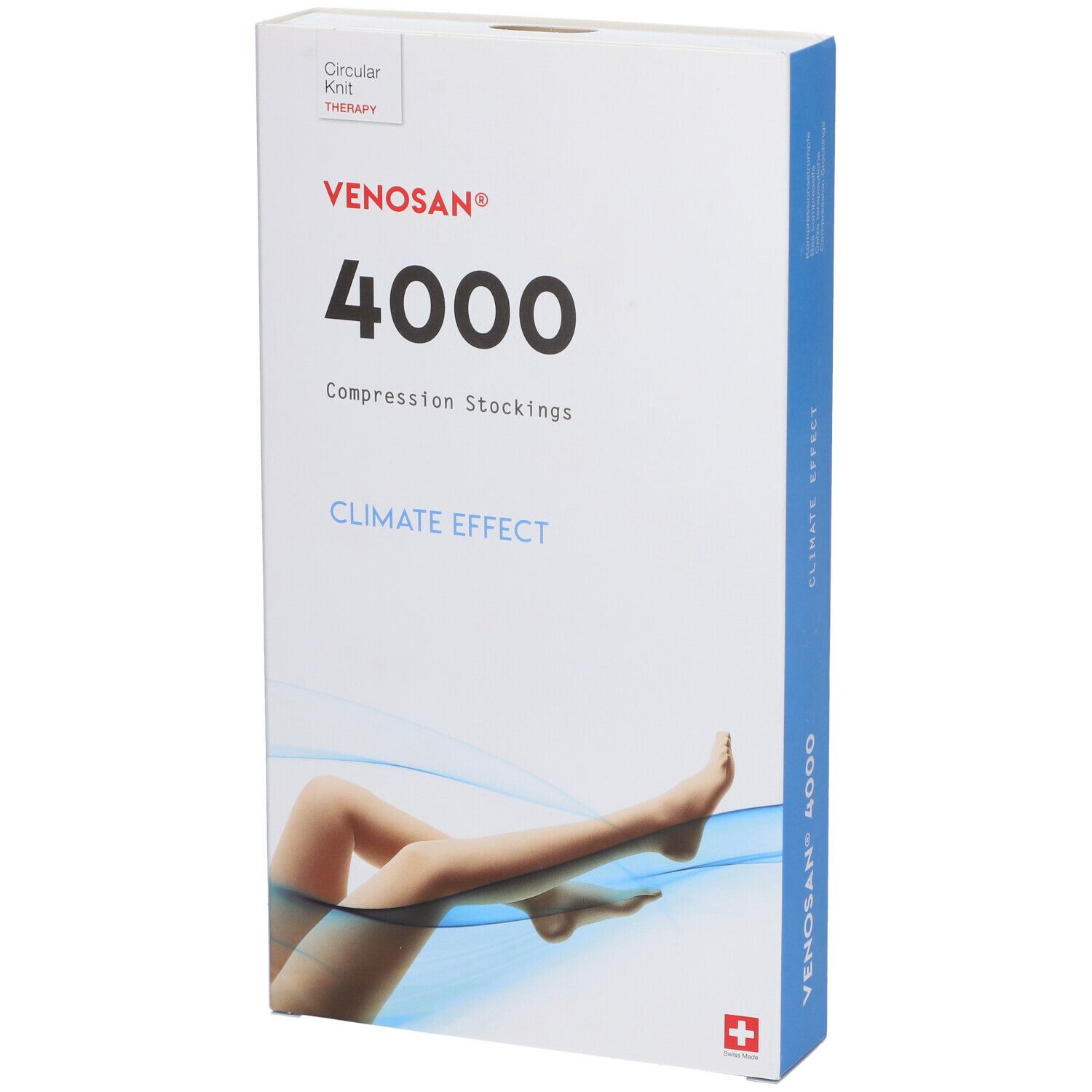 Confezione Venosan 4000. Scritte: 4000, Climate Effect, croce svizzera. Confezione blu e bianca con gambe con calze.