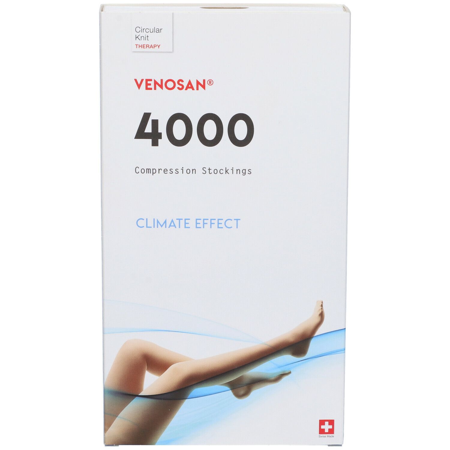 Confezione Venosan 4000. Scritte: 4000, Climate Effect, croce svizzera. Confezione blu e bianca con gambe con calze.