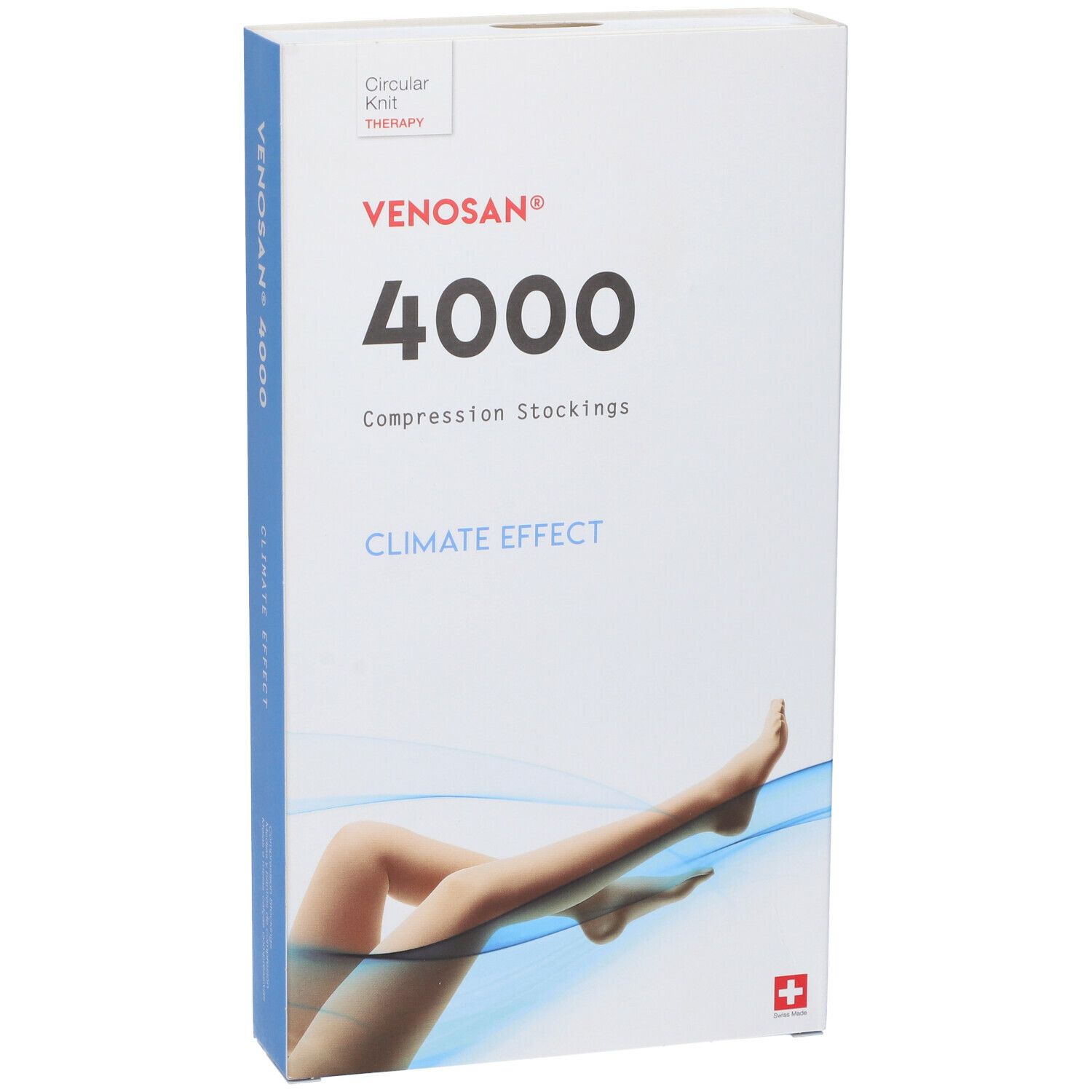 Confezione Venosan 4000. Scritte: 4000, Climate Effect, croce svizzera. Confezione blu e bianca con gambe con calze.