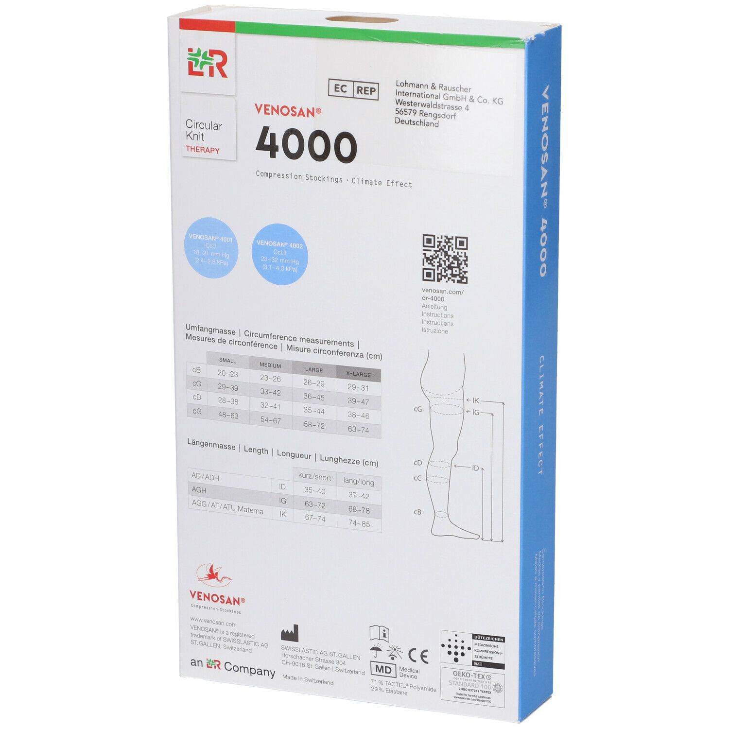 Retro della confezione Venosan 4000. Informazioni sul prodotto, tabella taglie, codice QR e loghi.