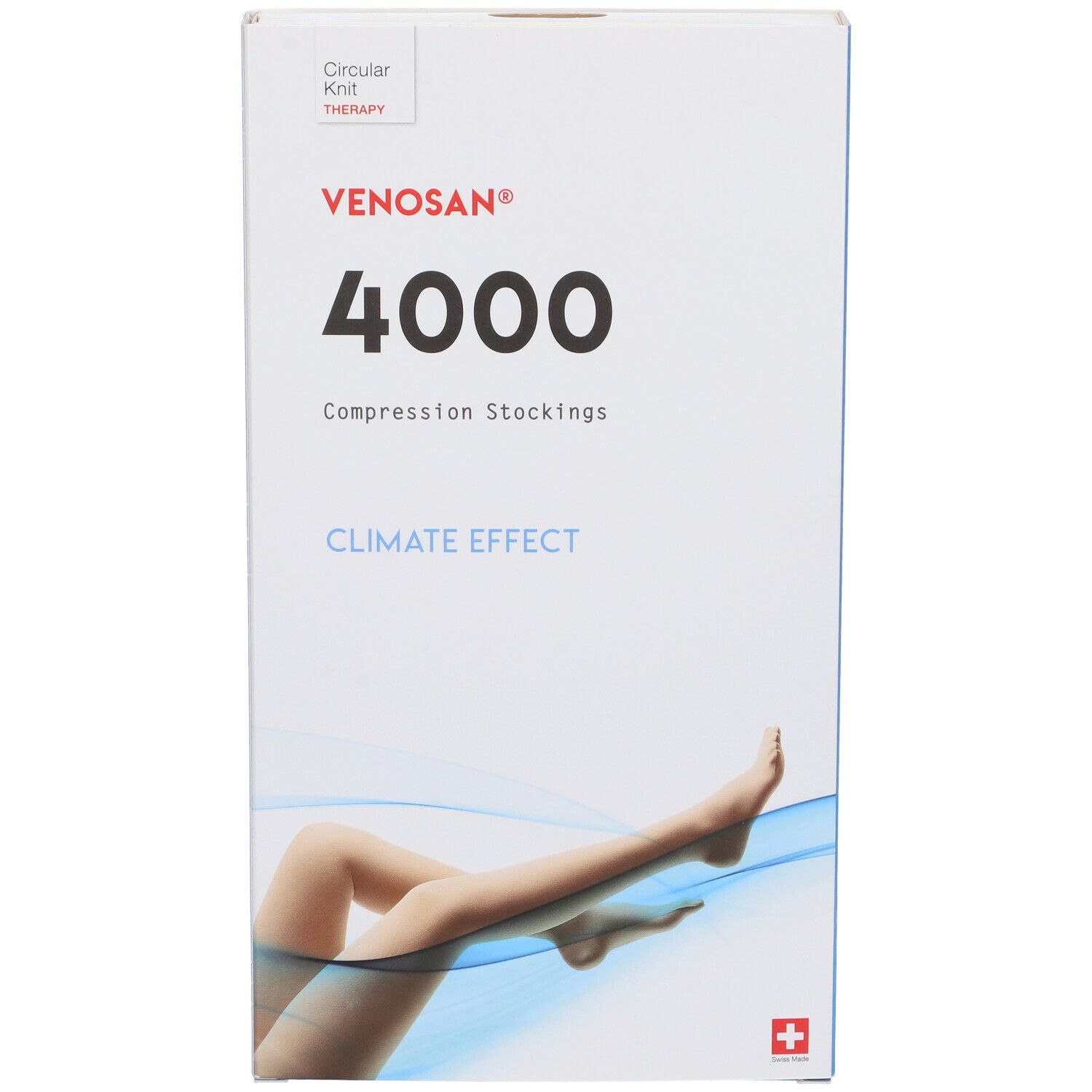 Confezione calze compressive Venosan 4000. Immagine del prodotto e croce svizzera. Testo: Climate Effect.