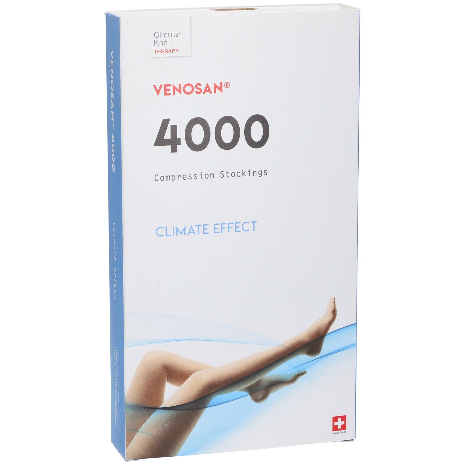 Confezione calze compressive Venosan 4000. Immagine del prodotto e croce svizzera. Testo: Climate Effect.