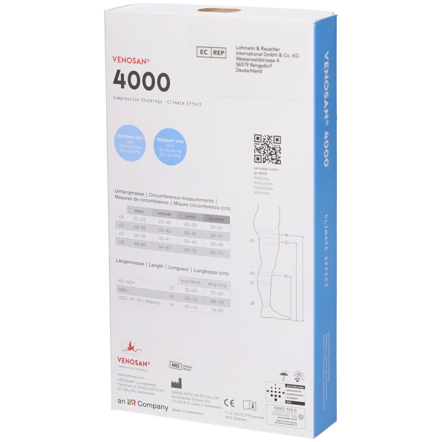 Retro della confezione di calze a compressione Venosan 4000. Scritte: 4000, Climate Effect. Tabelle con misure e codice QR.