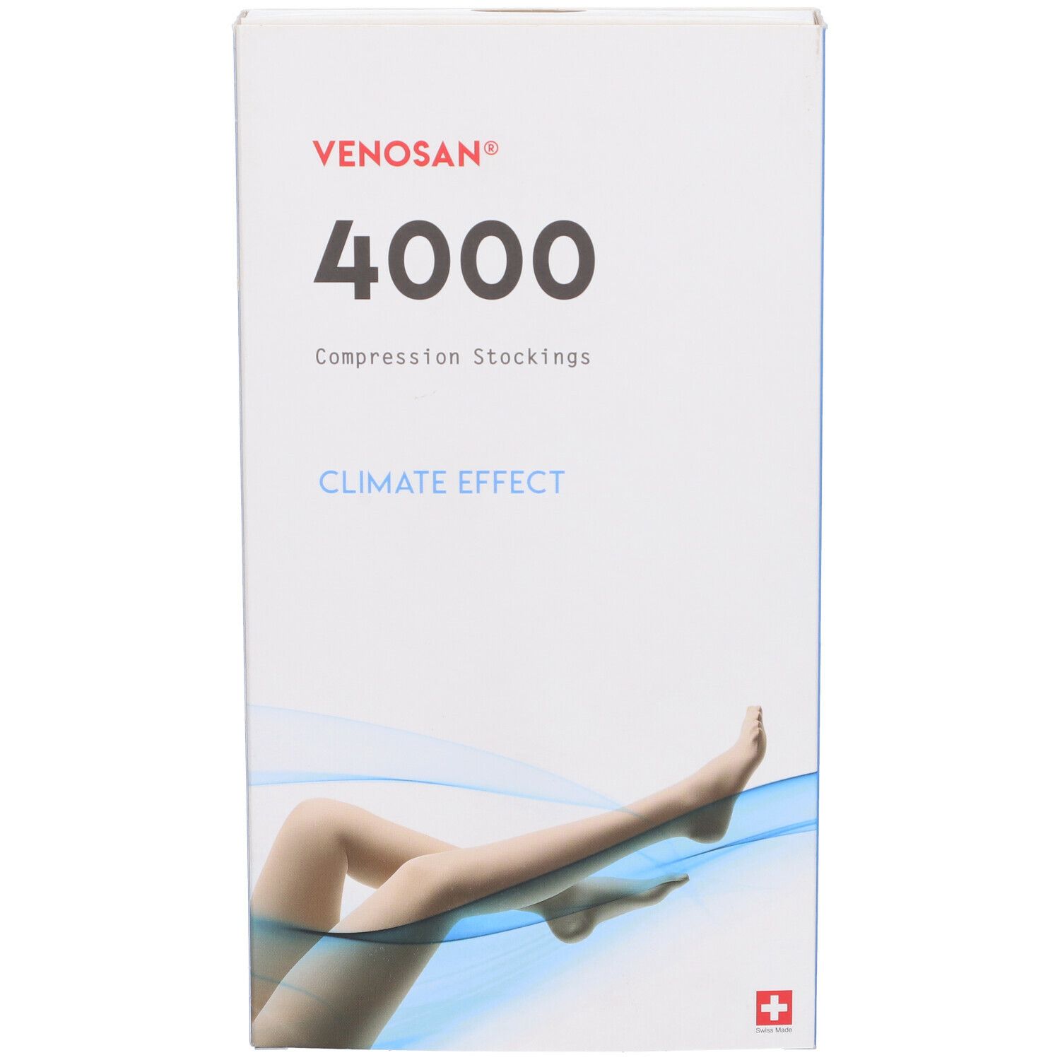 Confezione di calze a compressione Venosan 4000. Scritte: 4000, Climate Effect, croce svizzera. Immagine di gamba con calza.
