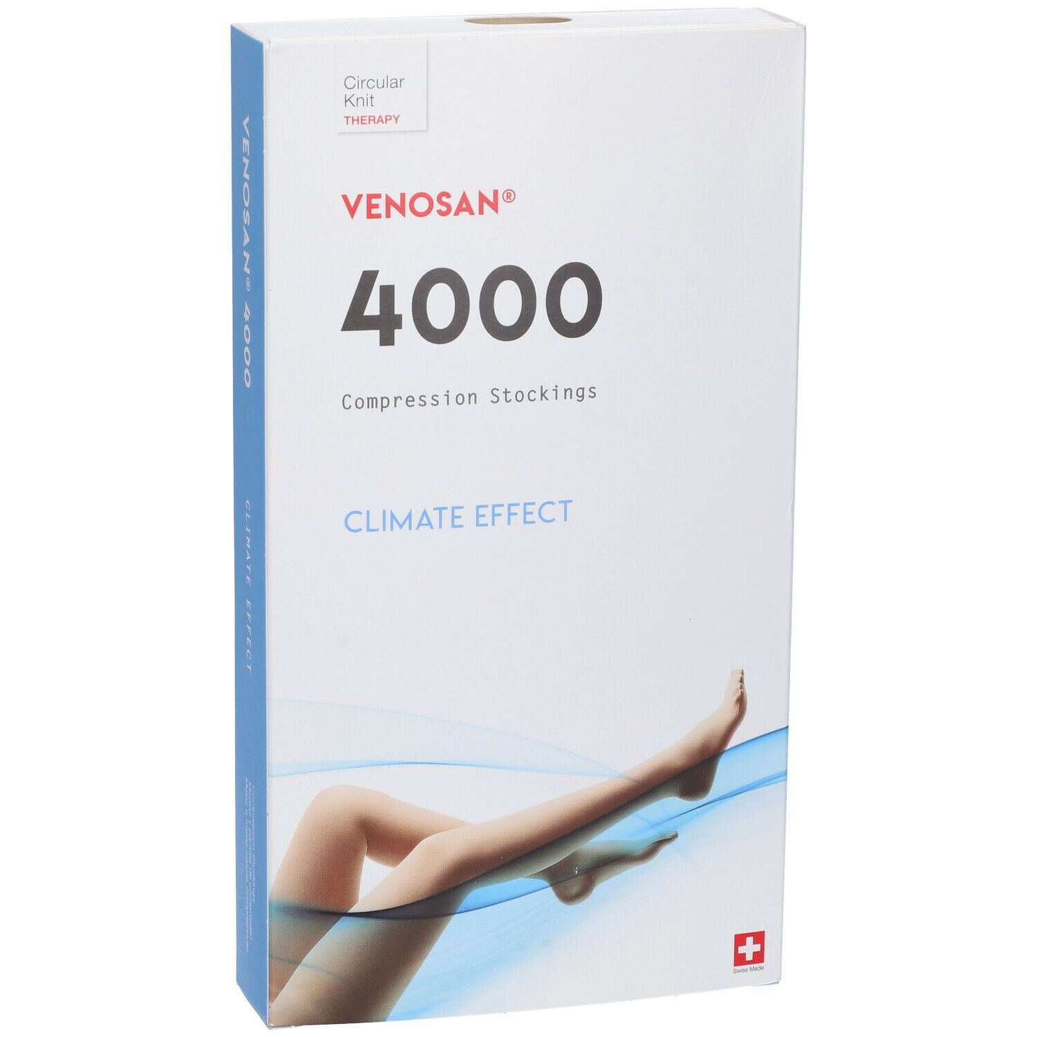 Confezione di calze a compressione Venosan 4000. Scritte: 4000, Climate Effect, croce svizzera. Immagine: gambe con calza.