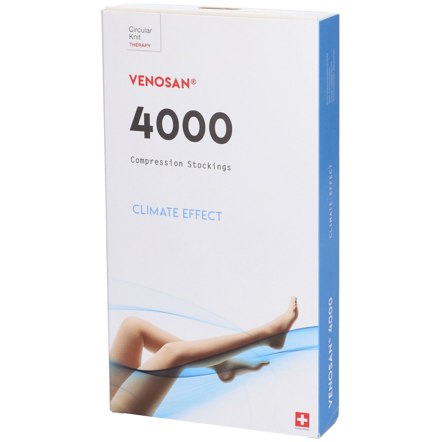 Calze a compressione Venosan 4000. Vista laterale della confezione. Croce svizzera. Testo: Climate Effect.
